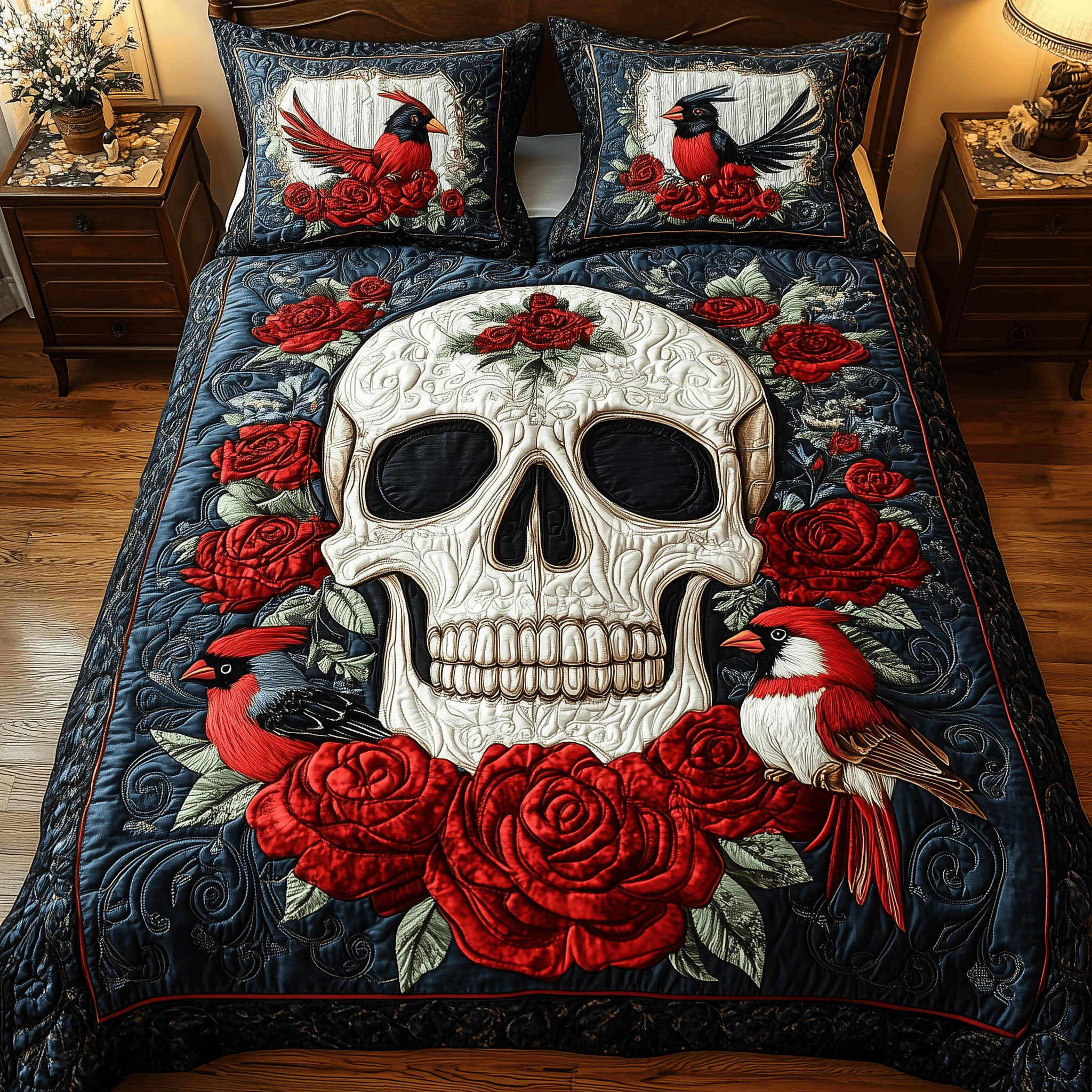 Cardinal Skull Quilted Bedding Set Valentine'S Day Duvet Cover Set Unique Gifts For Bird Lovers