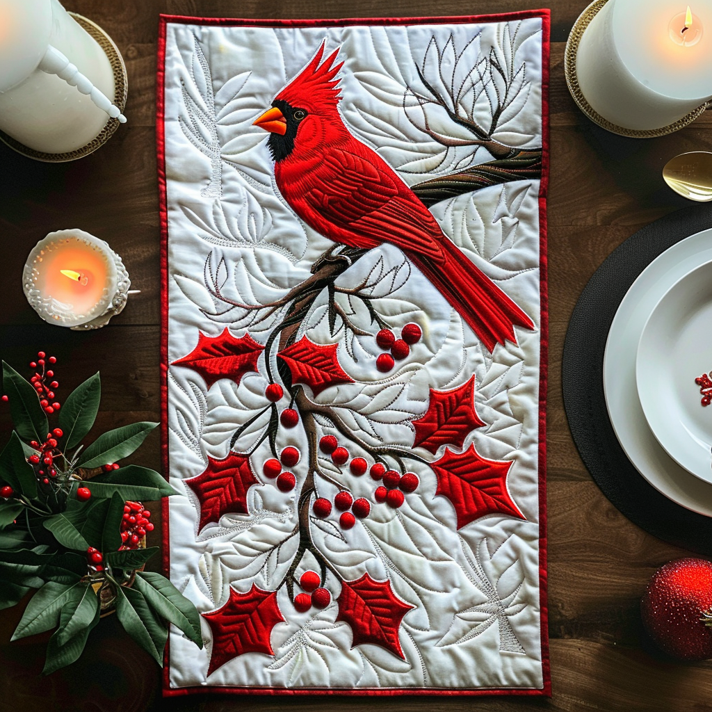Cardinal Under Snow Quilted Table Runner Dining Holiday Christmas Decor Cardinal Bird Gifts