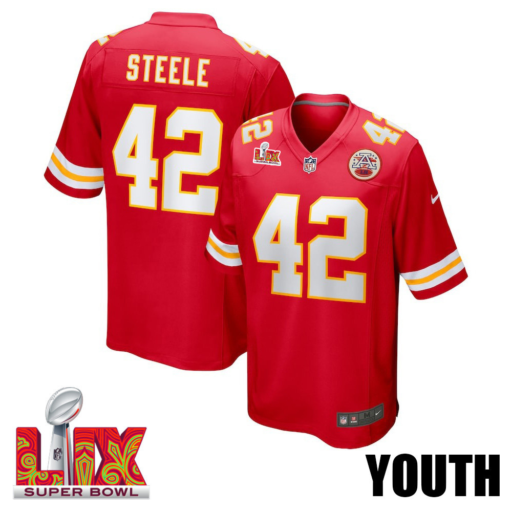 Carson Steele #42 Kansas City Chiefs Super Bowl LIX YOUTH Jersey - Red - JS793