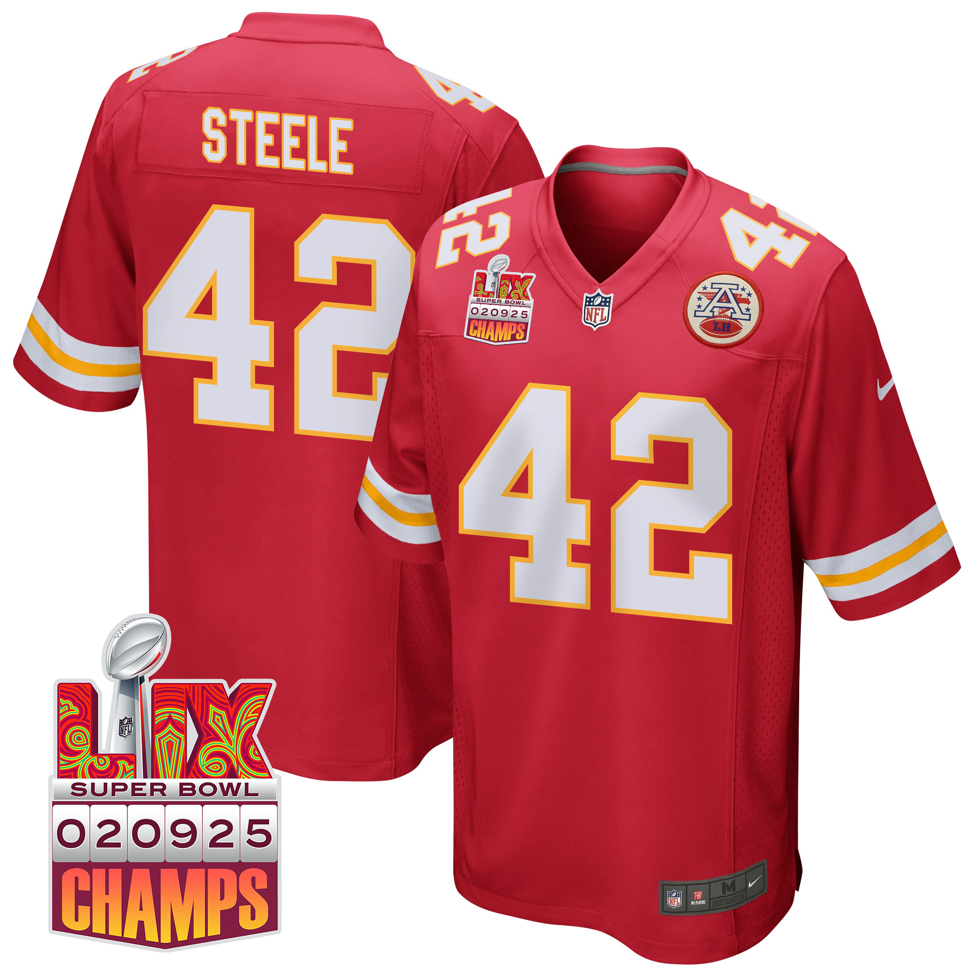 Carson Steele 42 Kansas City Chiefs Super Bowl LIX Champions Patch Game Men Jersey - Red - JS262