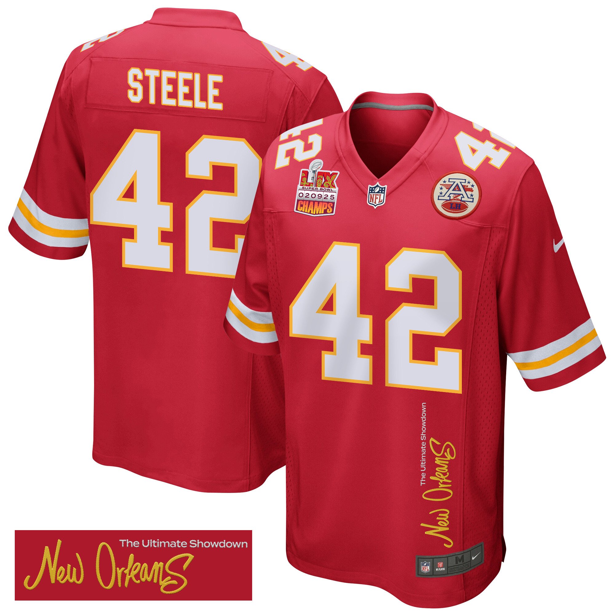 Carson Steele 42 Kansas City Chiefs Super Bowl LIX Champions Patch 'New Orleans - The Ultimate Showdown' EMBROIDERED Game Men Jersey - Red - JS957