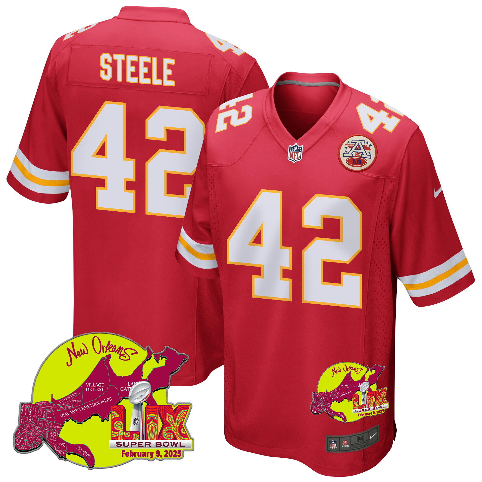 Carson Steele 42 Kansas City Chiefs Super Bowl LIX New Orleans Patch Game Men Jersey - Red - JS376