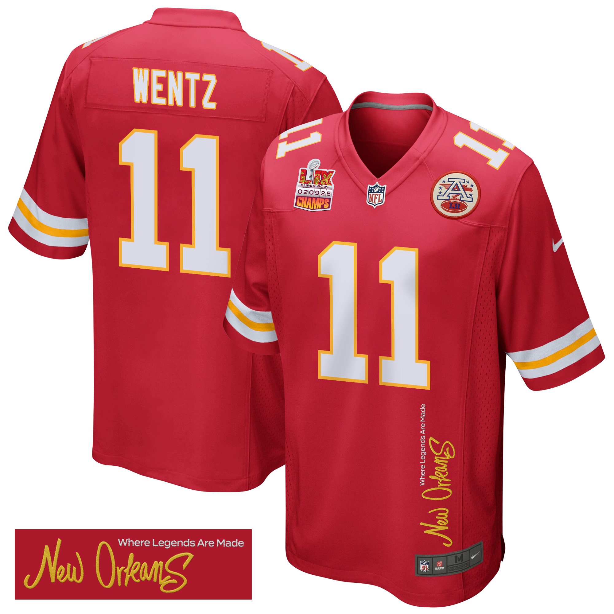 Carson Wentz 11 Kansas City Chiefs Super Bowl LIX Champions Patch 'New Orleans - Where Legends Are Made' EMBROIDERED Game Men Jersey - Red - JS938