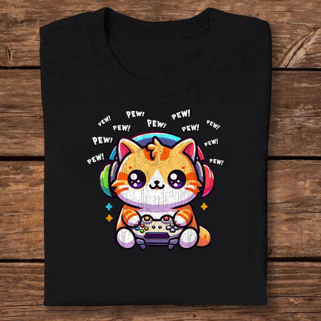 Cat Gamer Pew Funny Video Games Vintage Boys Men Girls T-shirt