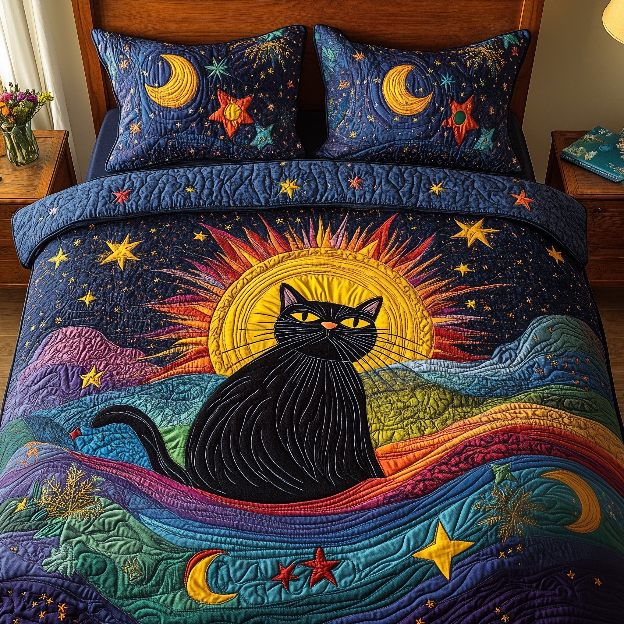 Cat Of The Cosmos Quilted Bedding Set Valentine'S Day Duvet Cover Set Best Gifts For Cat Owners