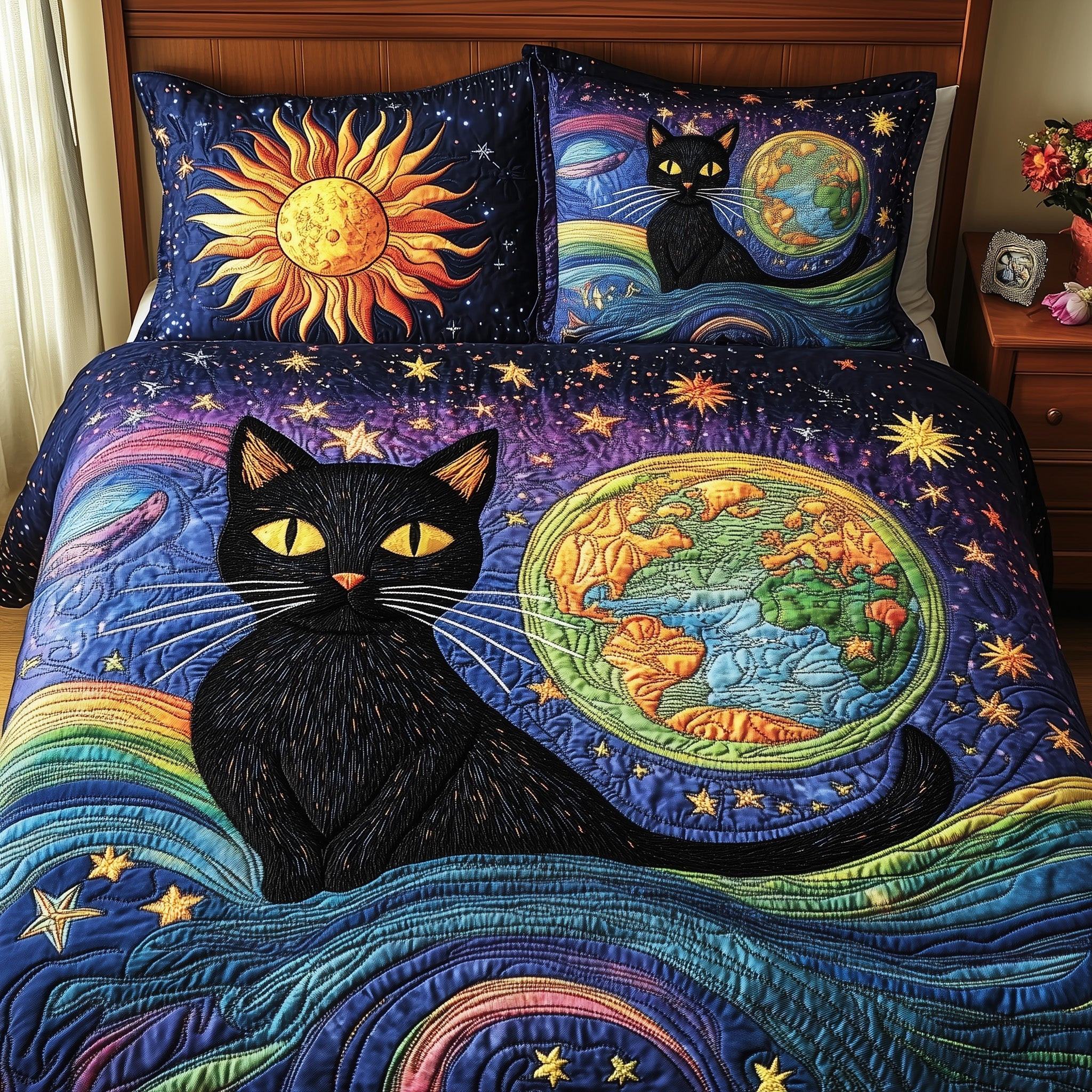 Cat Of The Cosmos Quilted Bedding Set Valentine'S Day Duvet Cover Set Birthday Gifts For Cat Lovers