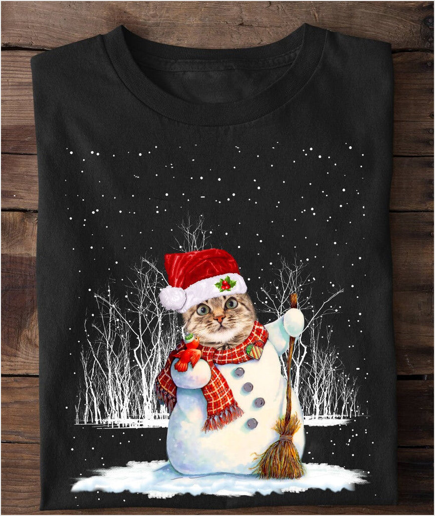 Cat Snowman Christmas Shirt Cute Xmas Holiday T-Shirt Gifts For Cat Person Gifts For BFF