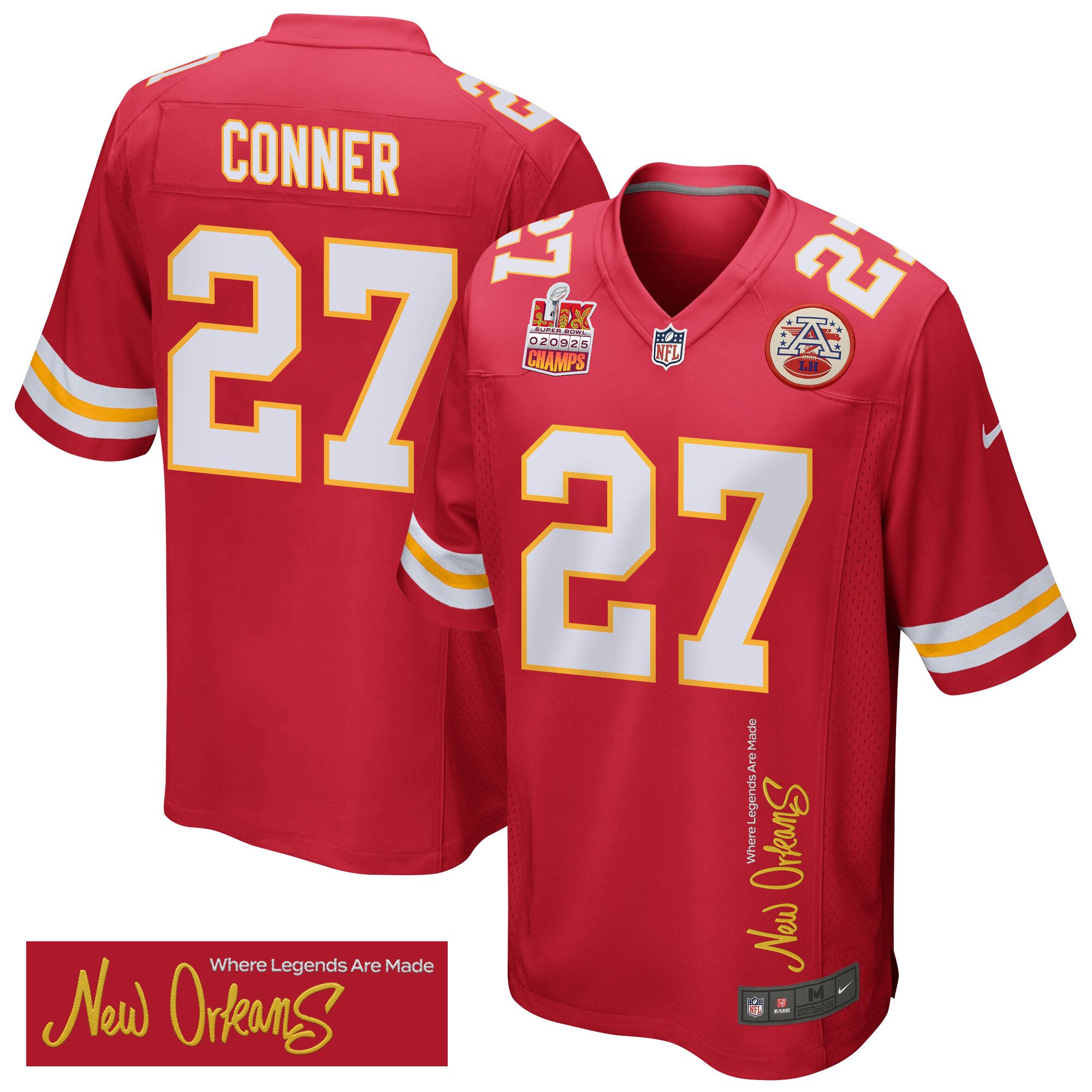 Chamarri Conner 27 Kansas City Chiefs Super Bowl LIX Champions Patch 'New Orleans - Where Legends Are Made' EMBROIDERED Game Men Jersey - Red - JS832
