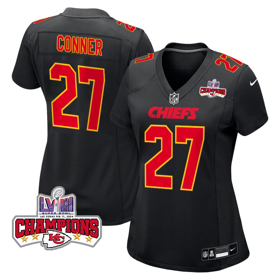Chamarri Conner 27 Kansas City Chiefs Super Bowl LVIII Champions 4 Stars Patch Fashion Game Women Jersey - Carbon Black - JSDV745