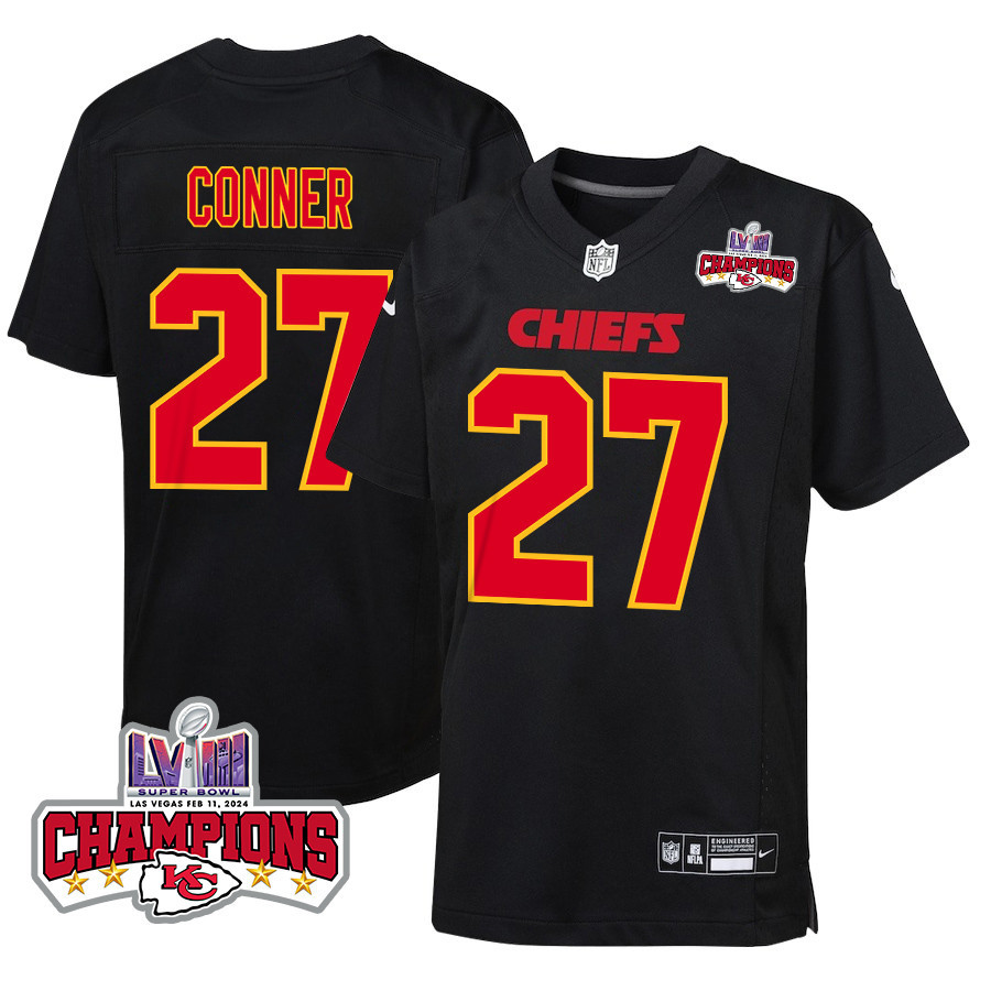 Chamarri Conner 27 Kansas City Chiefs Super Bowl LVIII Champions 4 Stars Patch Fashion Game YOUTH Jersey - Carbon Black - JSDV293
