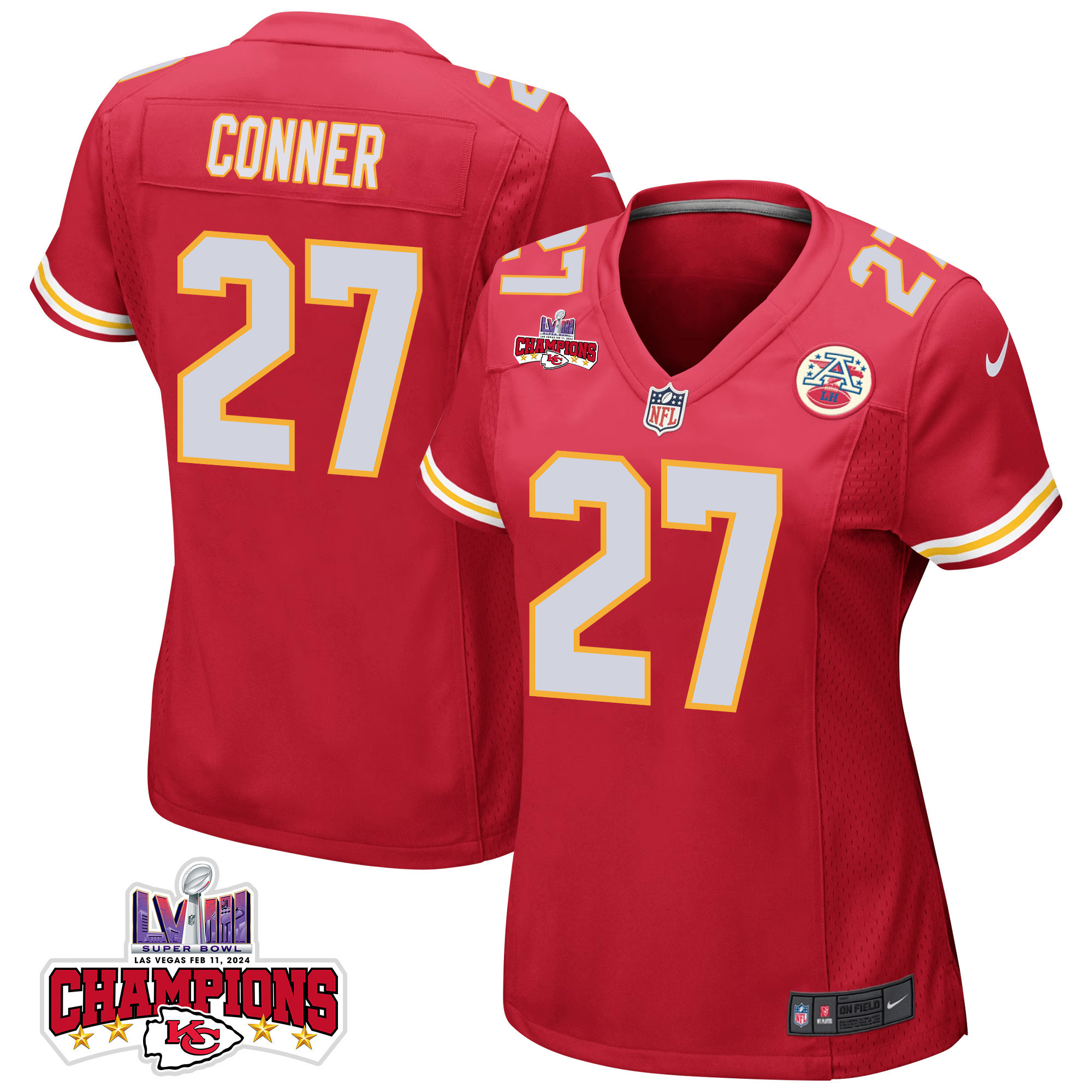 Chamarri Conner 27 Kansas City Chiefs Super Bowl LVIII Champions 4 Stars Patch Game Women Jersey - Red - JSDV751