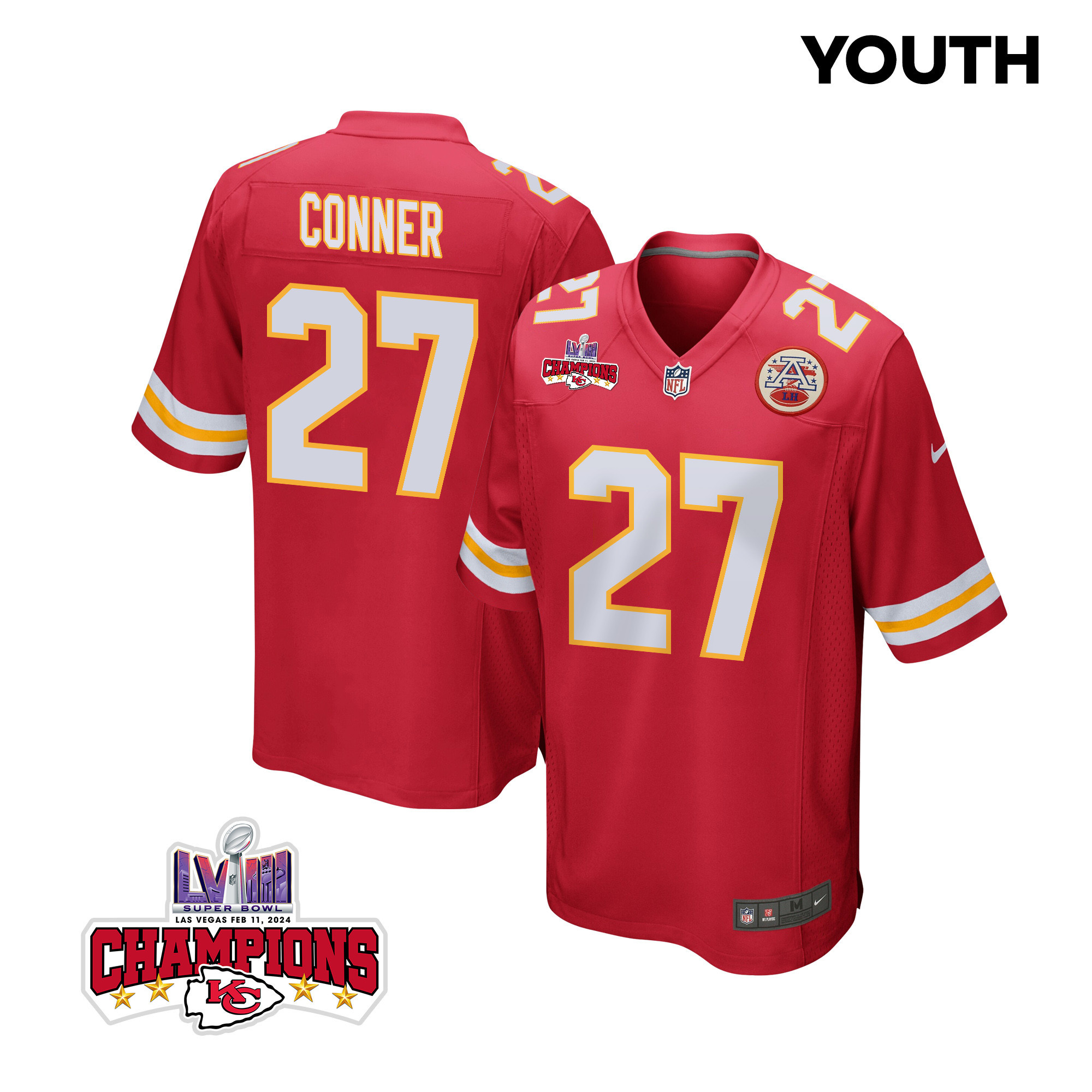 Chamarri Conner 27 Kansas City Chiefs Super Bowl LVIII Champions 4 Stars Patch Game YOUTH Jersey - Red - JSDV789