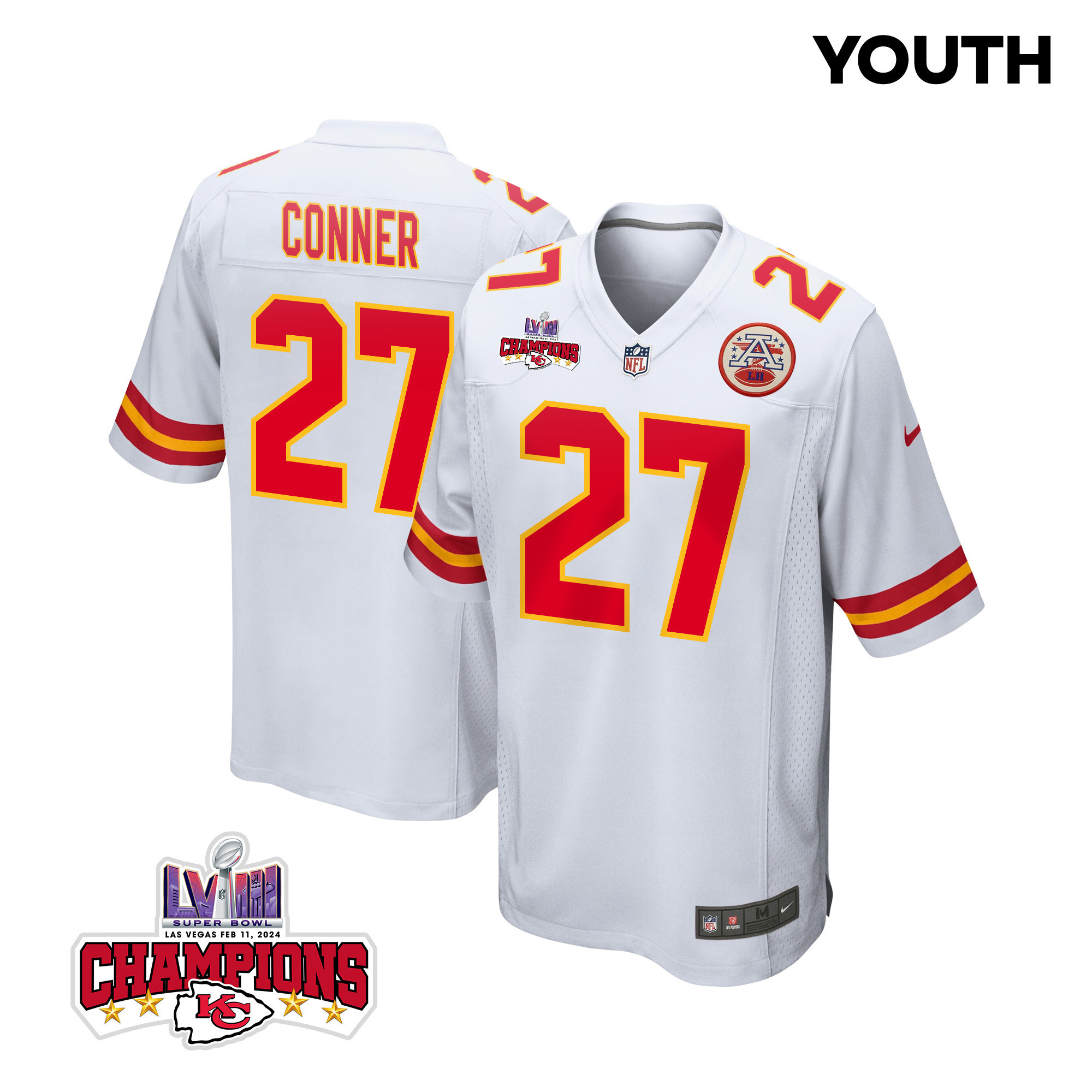 Chamarri Conner 27 Kansas City Chiefs Super Bowl LVIII Champions 4 Stars Patch Game YOUTH Jersey - White - JSDV722