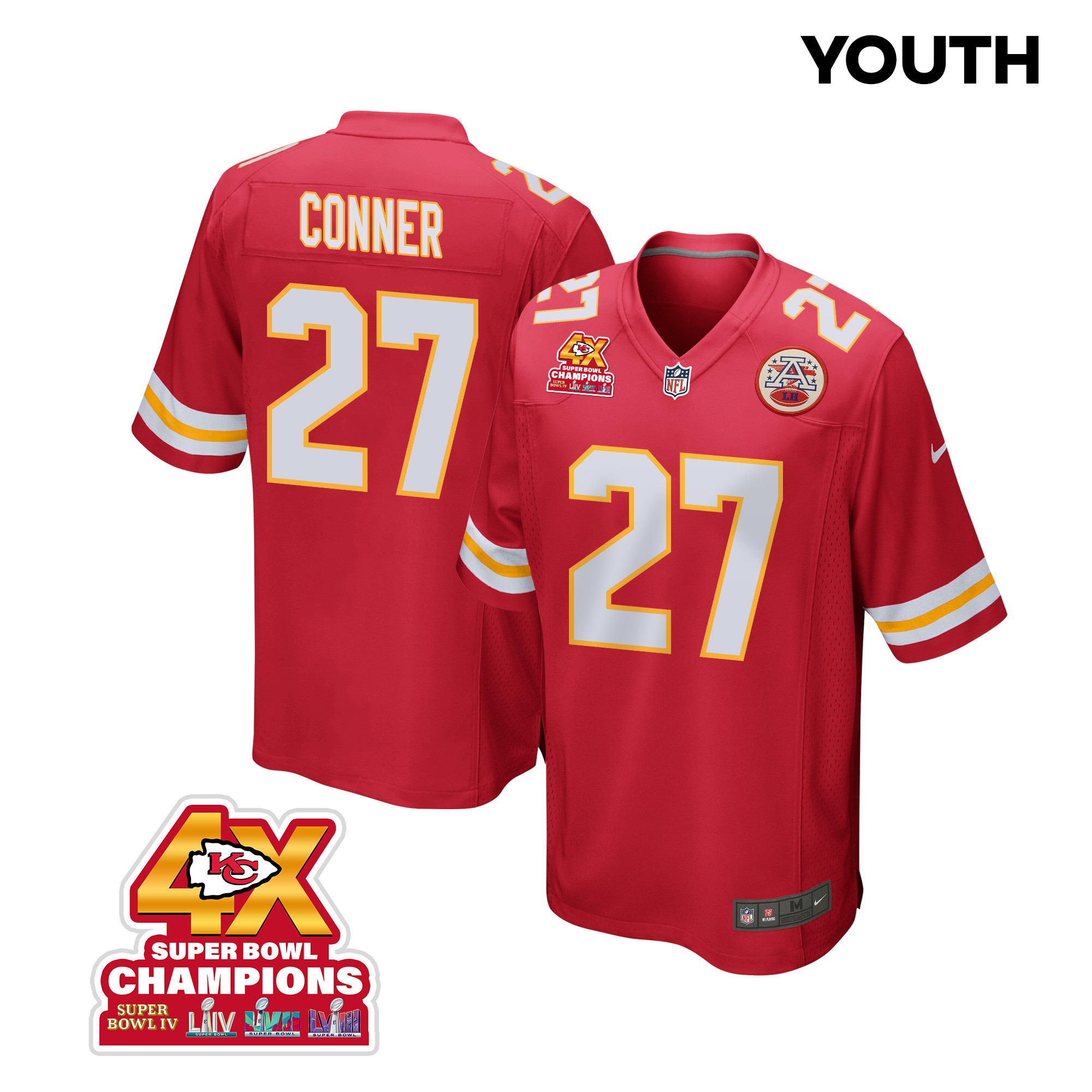 Chamarri Conner 27 Kansas City Chiefs Super Bowl LVIII Champions 4X Game YOUTH Jersey - Red - JSDV683