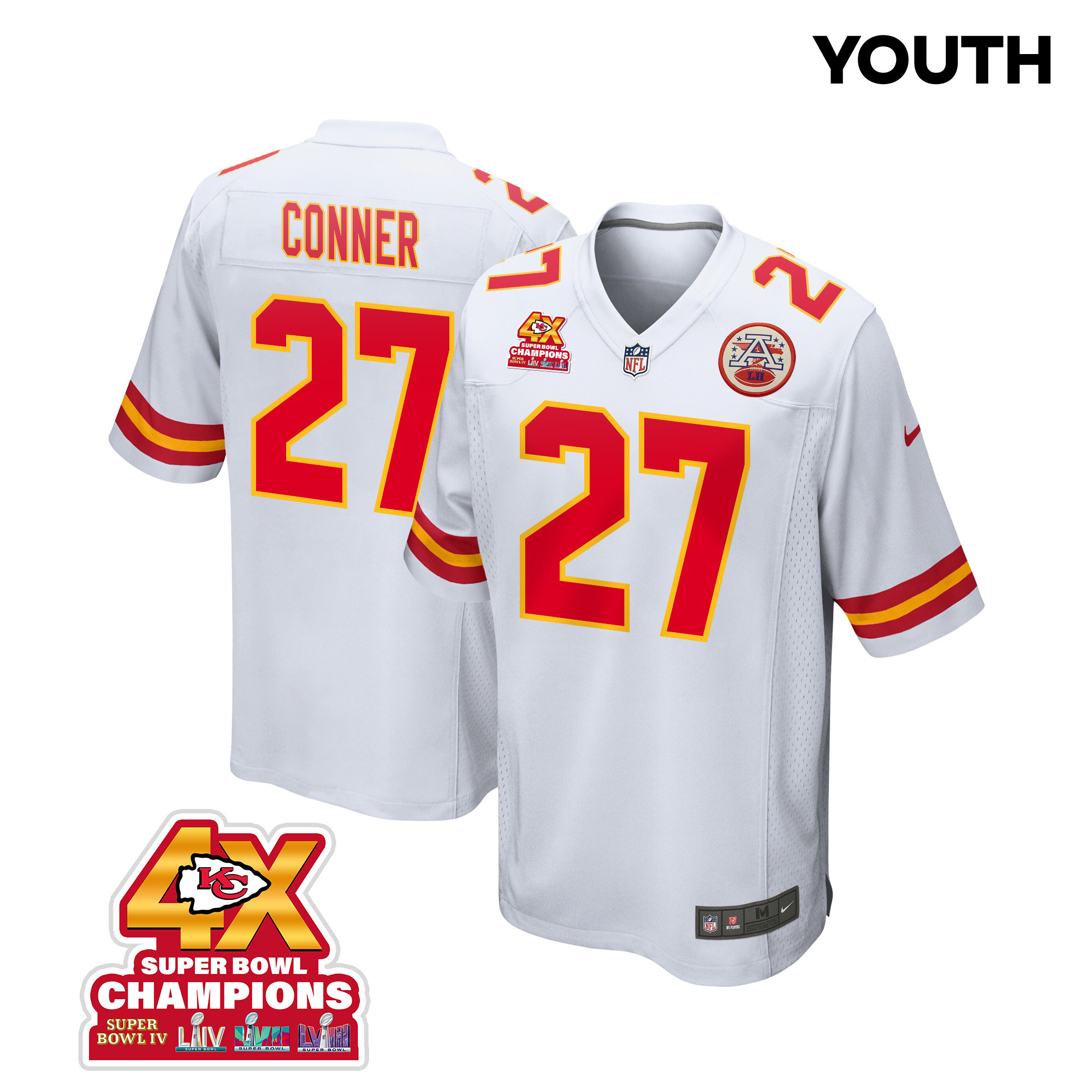 Chamarri Conner 27 Kansas City Chiefs Super Bowl LVIII Champions 4X Game YOUTH Jersey - White - JSDV200