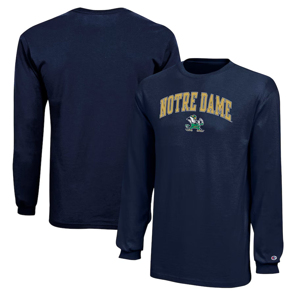 Champion Navy Notre Dame Fighting Irish Arch Over Logo Long Sleeve Shirt Gifts For Fans