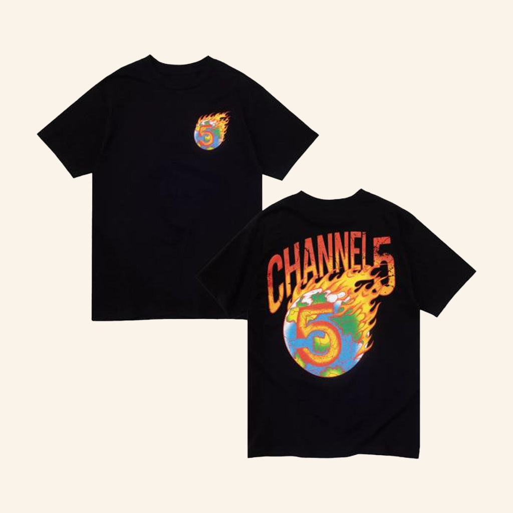 Channel 5 Merch On Fire Black T-Shirt Gifts For Dudes