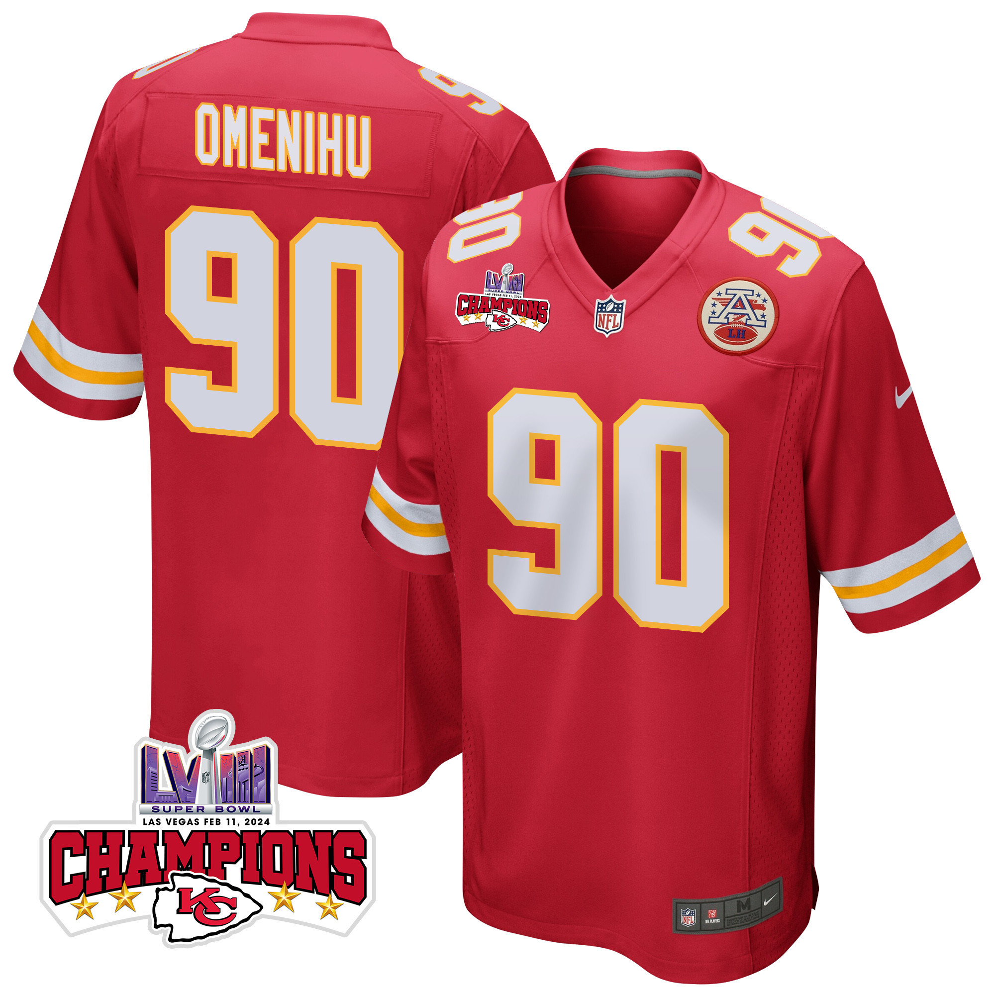 Charles Omenihu 90 Kansas City Chiefs Super Bowl LVIII Champions 4 Stars Patch Game Men Jersey - Red - JSDV660