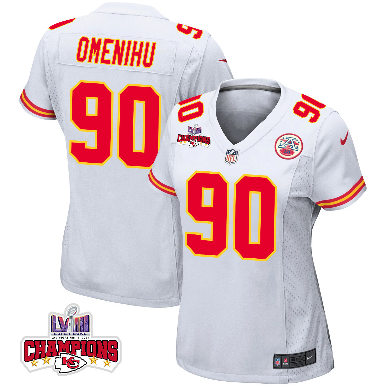 Charles Omenihu 90 Kansas City Chiefs Super Bowl LVIII Champions 4 Stars Patch Game Women Jersey - White - JSDV129
