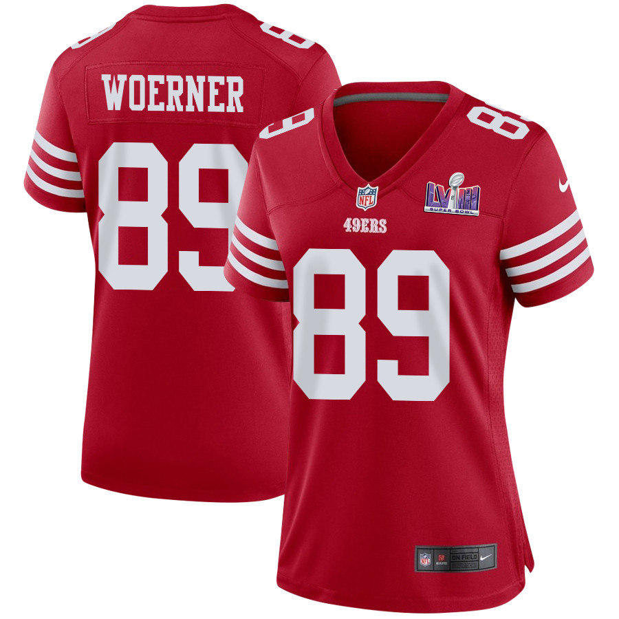 Charlie Woerner 89 San Francisco 49ers Super Bowl LVIII Patch Game Women Jersey - Scarlet - JSDV326