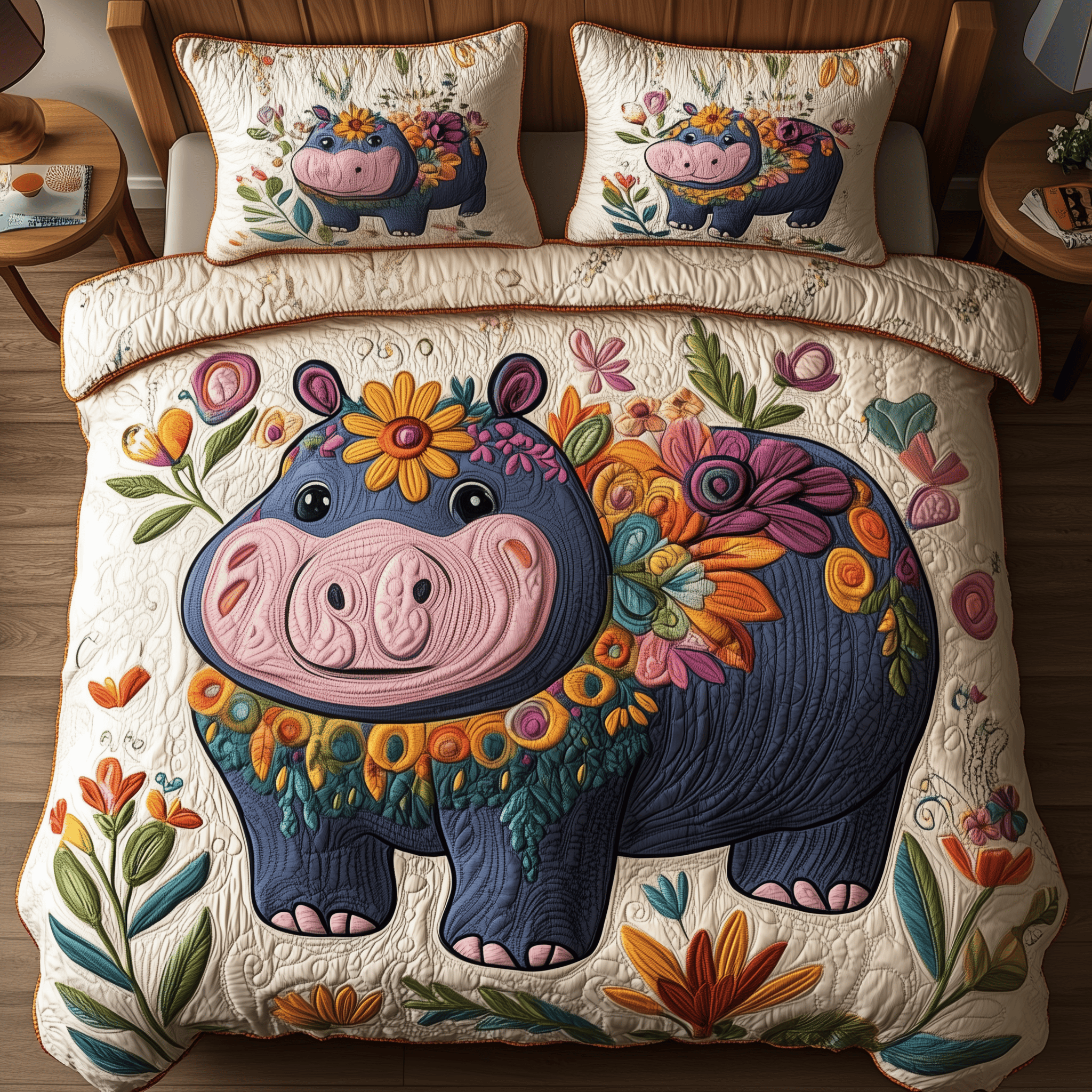 Charming Floral Hippo Quilted Bedding Set Unique Duvet Cover Bedspread Set Good Gifts For Mom