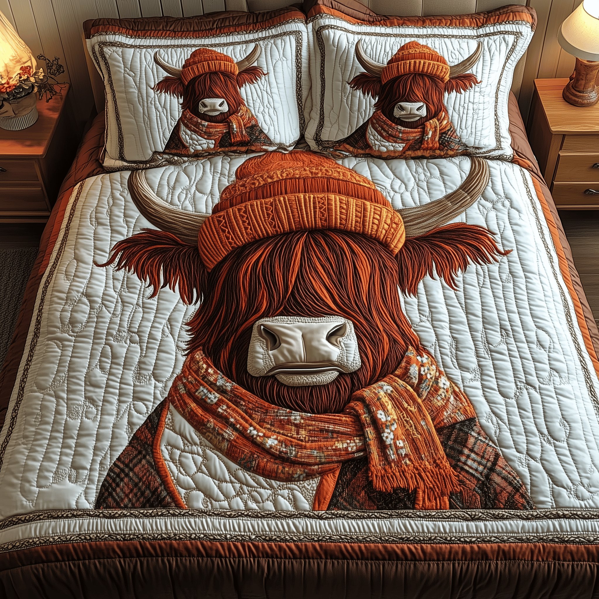 Charming Highland Cow Quilted Bedding Set Good Mothers Day Duvet Cover Set Best Gifts For Cow Lovers