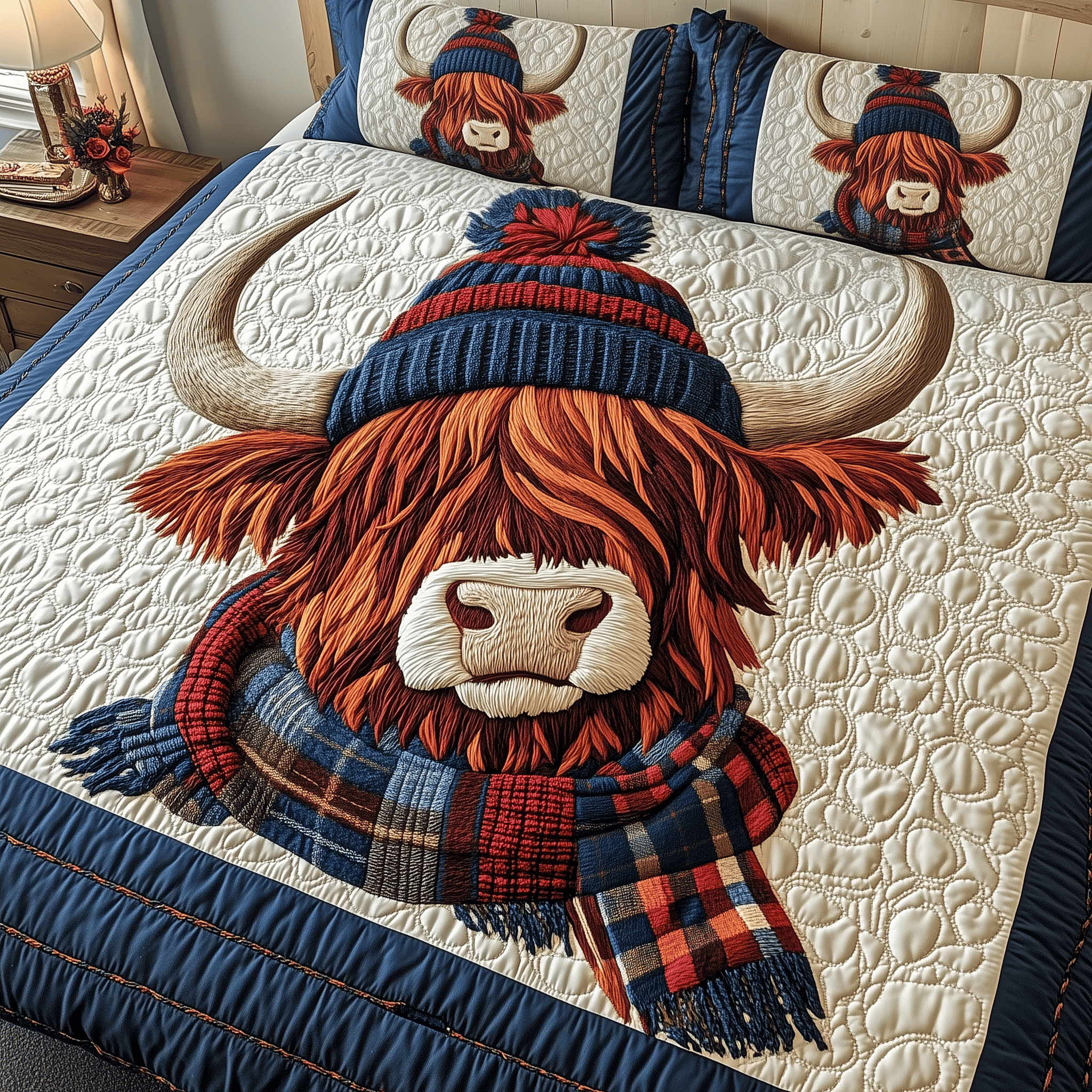Charming Highland Cow Quilted Bedding Set Good Mothers Day Duvet Cover Set Cow Lover Gift Ideas