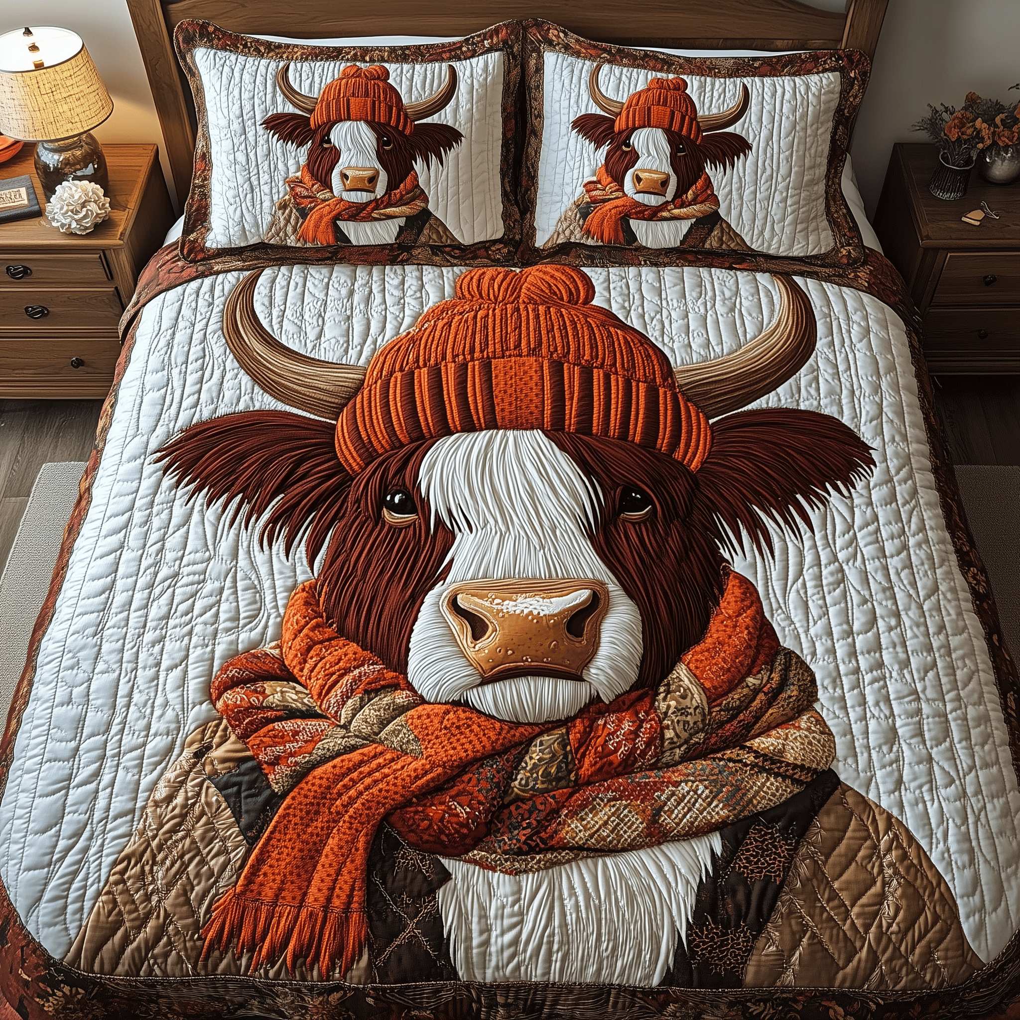 Charming Highland Cow Quilted Bedding Set Good Mothers Day Duvet Cover Set Gift Ideas For Cow Lovers