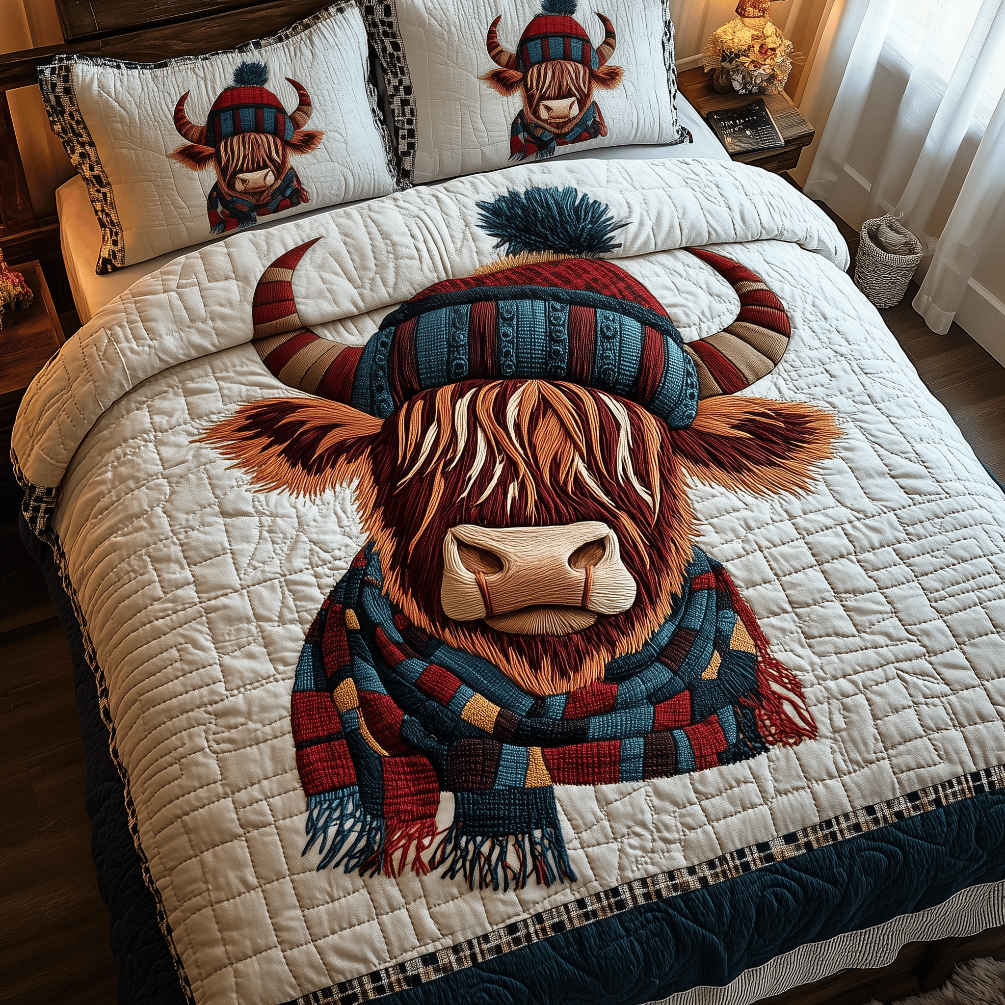 Charming Highland Cow Quilted Bedding Set Good Mothers Day Duvet Cover Set Gifts For A Cow Lover
