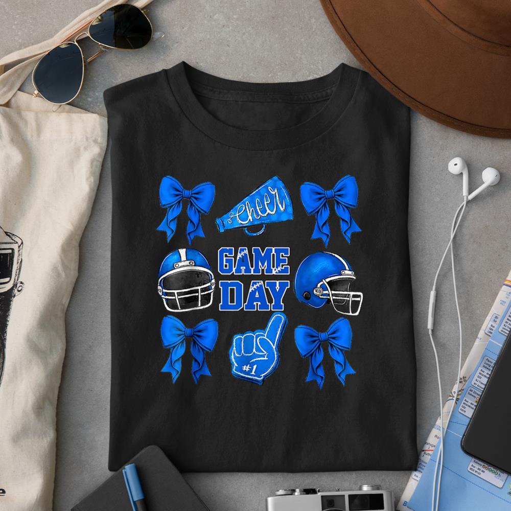 Cheer Blue Football Coquette Bow Football Mom Game Day Women T-Shirt