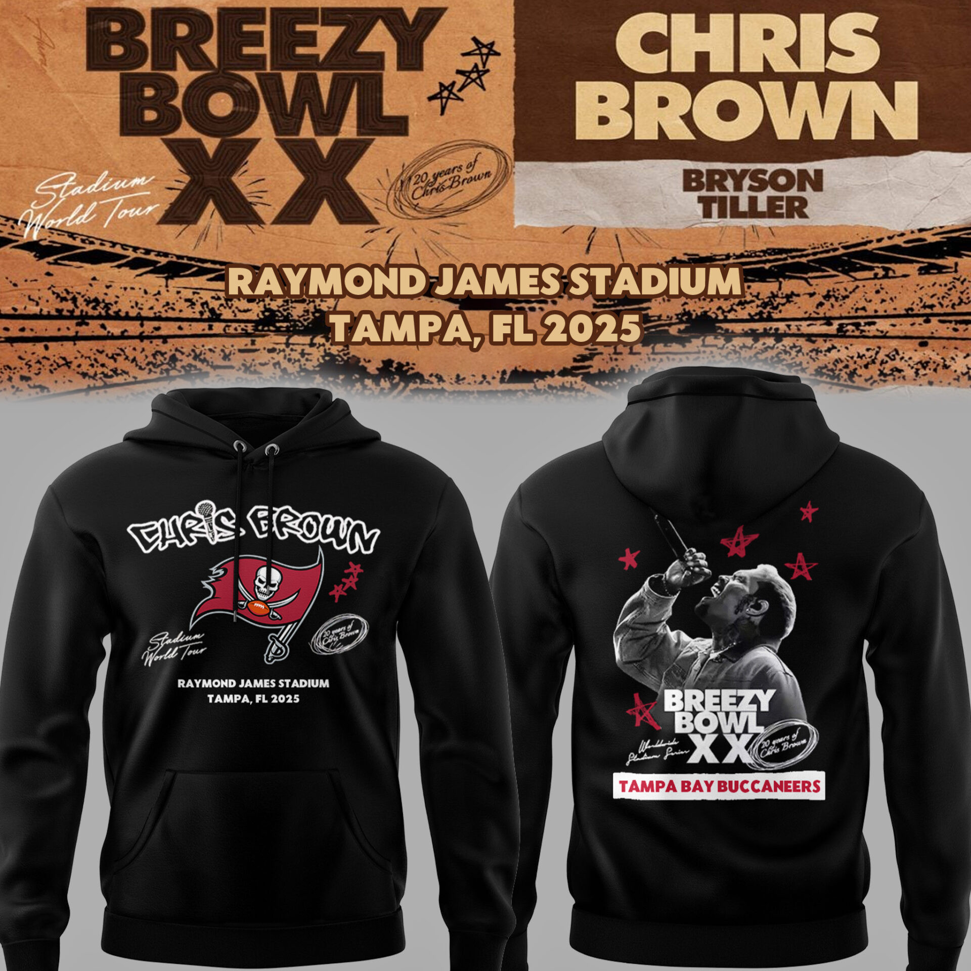 Chris Brown x Tampa Bay Buccaneers Hoodie Breezy Bowl XX Tour 2025 Fan Merch