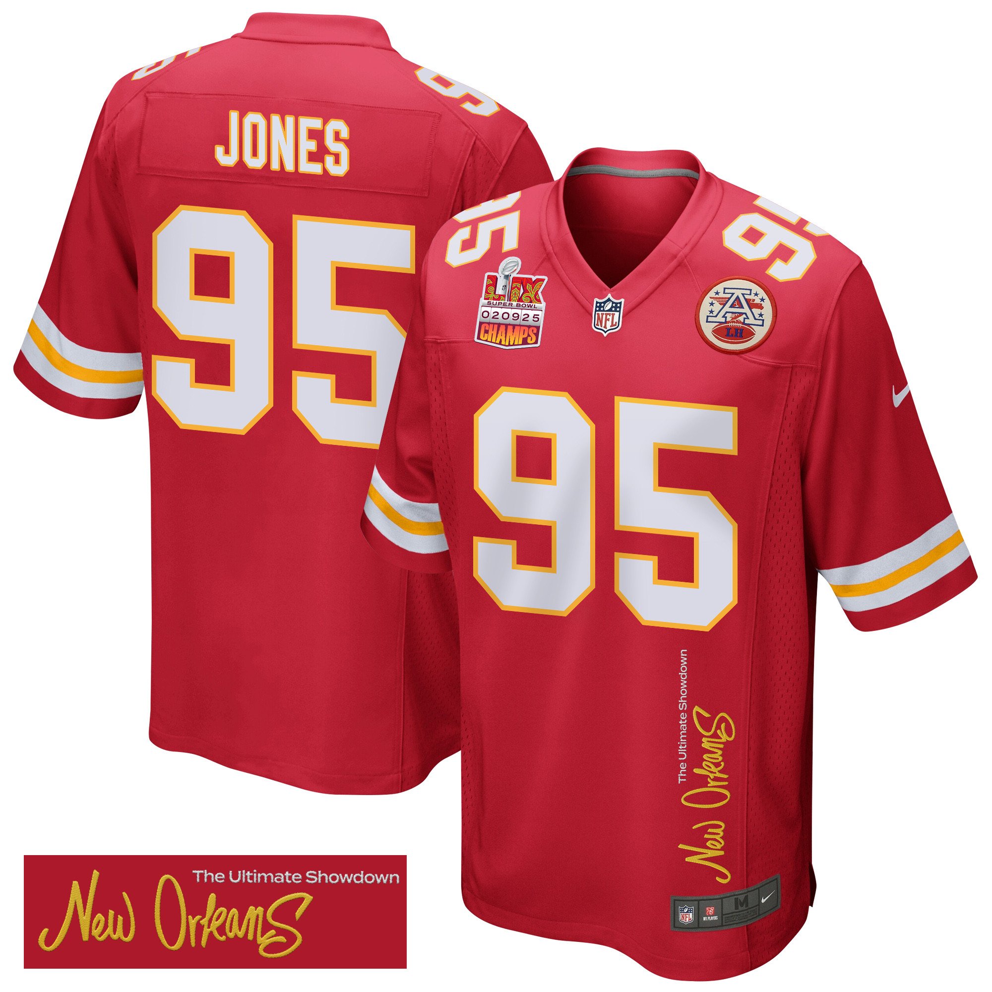 Chris Jones 95 Kansas City Chiefs Super Bowl LIX Champions Patch 'New Orleans - The Ultimate Showdown' EMBROIDERED Game Men Jersey - Red - JS495