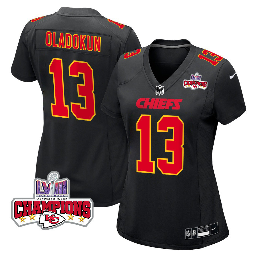 Chris Oladokun 13 Kansas City Chiefs Super Bowl LVIII Champions 4 Stars Patch Fashion Game Women Jersey - Carbon Black - JSDV267