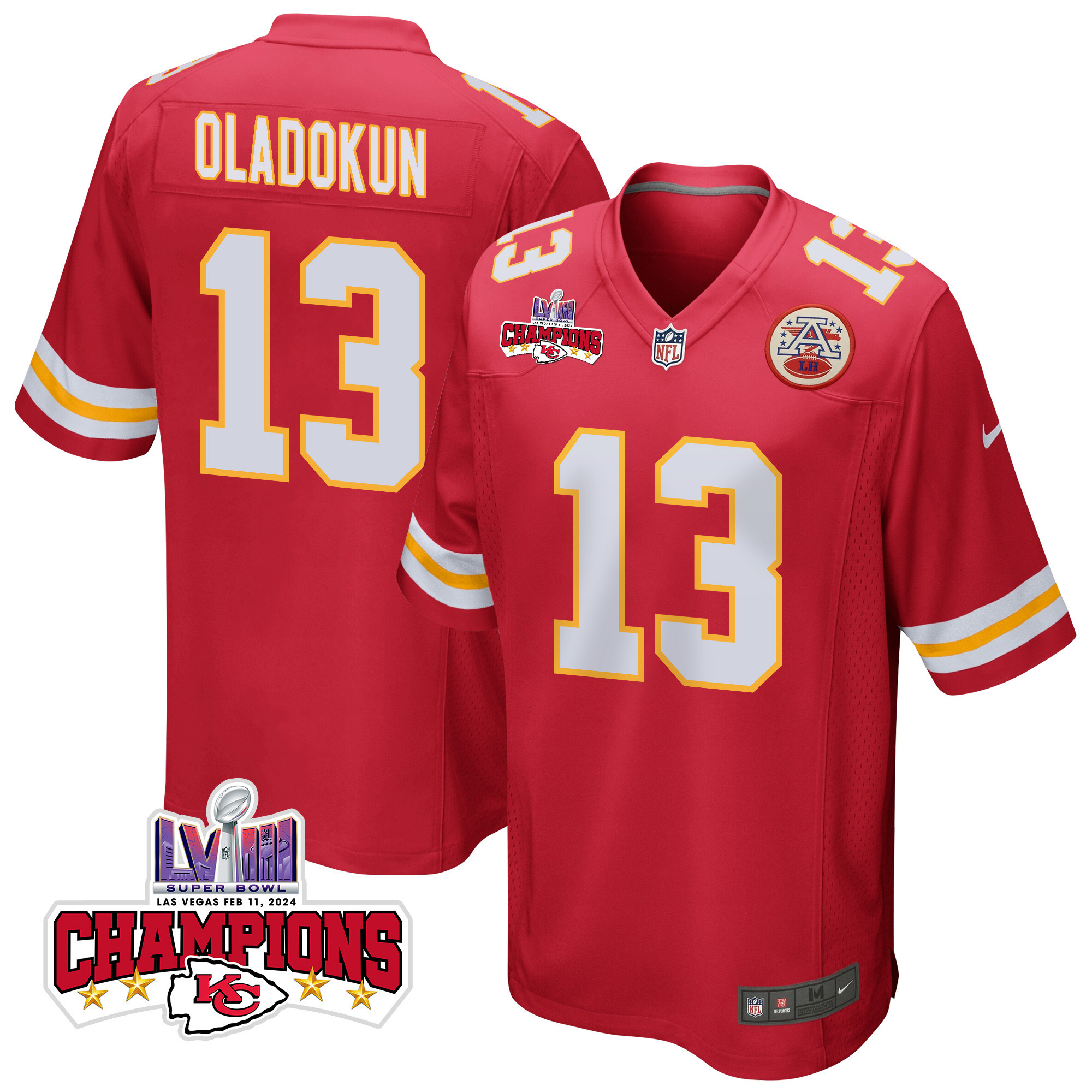 Chris Oladokun 13 Kansas City Chiefs Super Bowl LVIII Champions 4 Stars Patch Game Men Jersey - Red - JSDV821