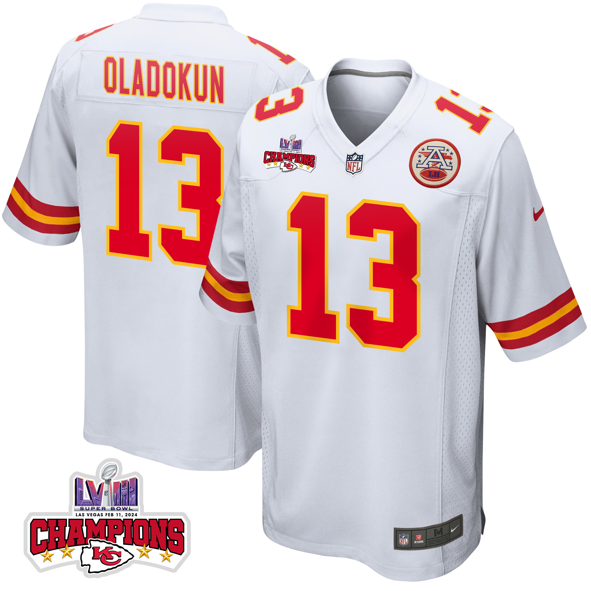 Chris Oladokun 13 Kansas City Chiefs Super Bowl LVIII Champions 4 Stars Patch Game Men Jersey - White - JSDV760