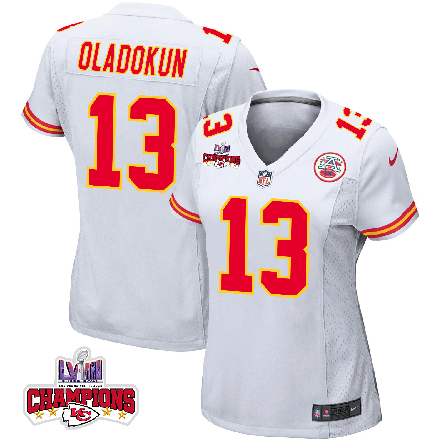 Chris Oladokun 13 Kansas City Chiefs Super Bowl LVIII Champions 4 Stars Patch Game Women Jersey - White - JSDV819