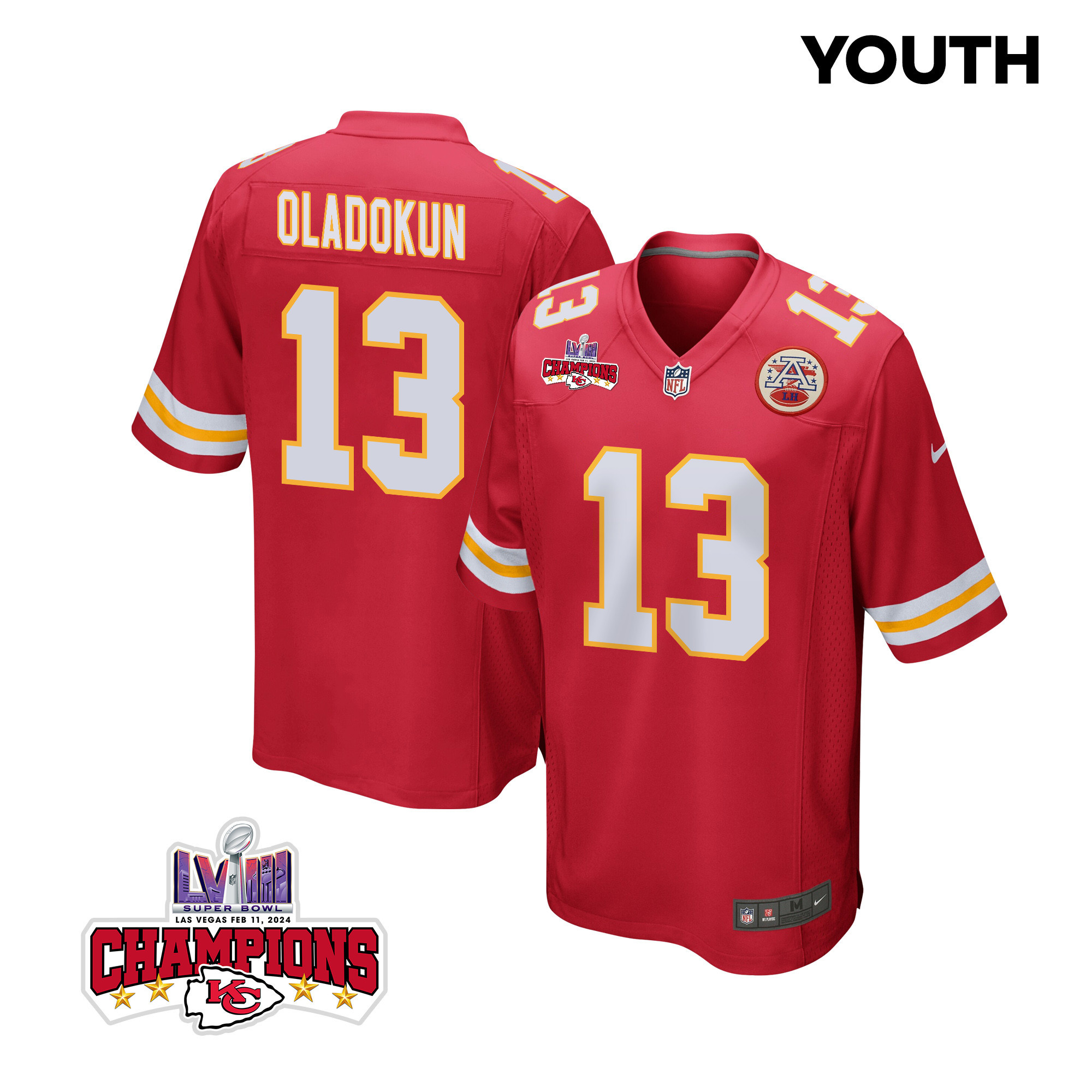 Chris Oladokun 13 Kansas City Chiefs Super Bowl LVIII Champions 4 Stars Patch Game YOUTH Jersey - Red - JSDV225