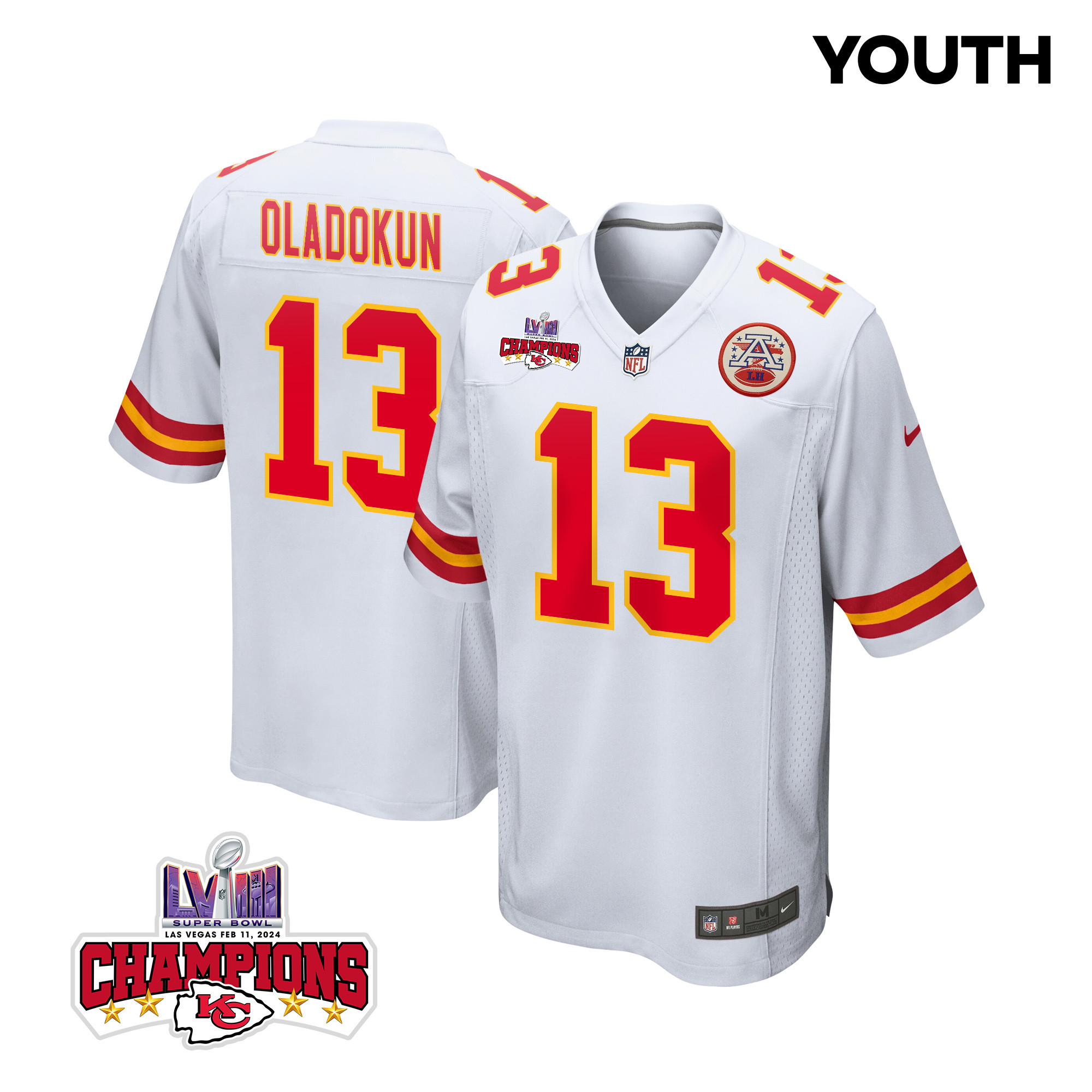 Chris Oladokun 13 Kansas City Chiefs Super Bowl LVIII Champions 4 Stars Patch Game YOUTH Jersey - White - JSDV285