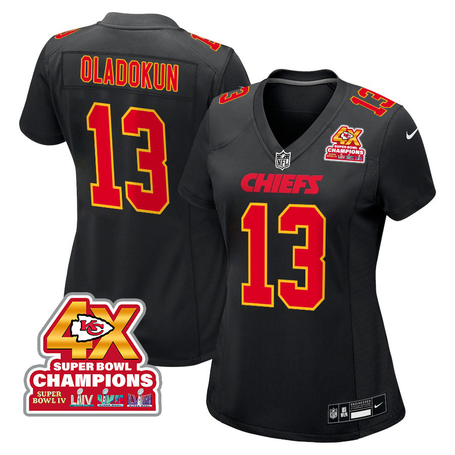 Chris Oladokun 13 Kansas City Chiefs Super Bowl LVIII Champions 4X Fashion Game Women Jersey - Carbon Black - JSDV761