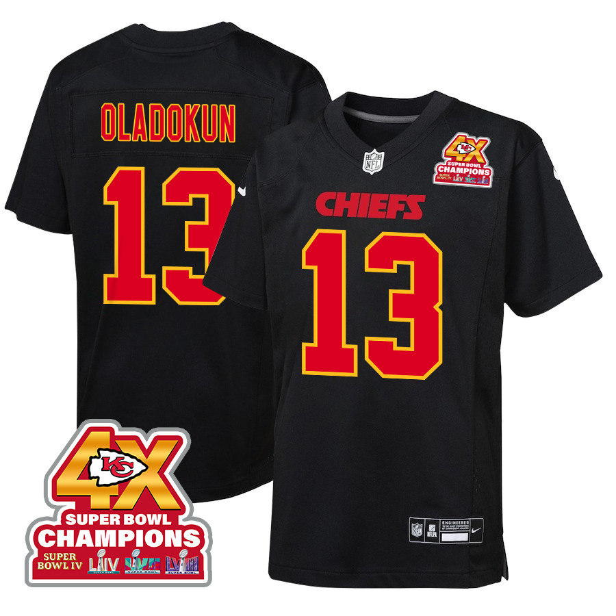 Chris Oladokun 13 Kansas City Chiefs Super Bowl LVIII Champions 4X Fashion Game YOUTH Jersey - Carbon Black - JSDV157