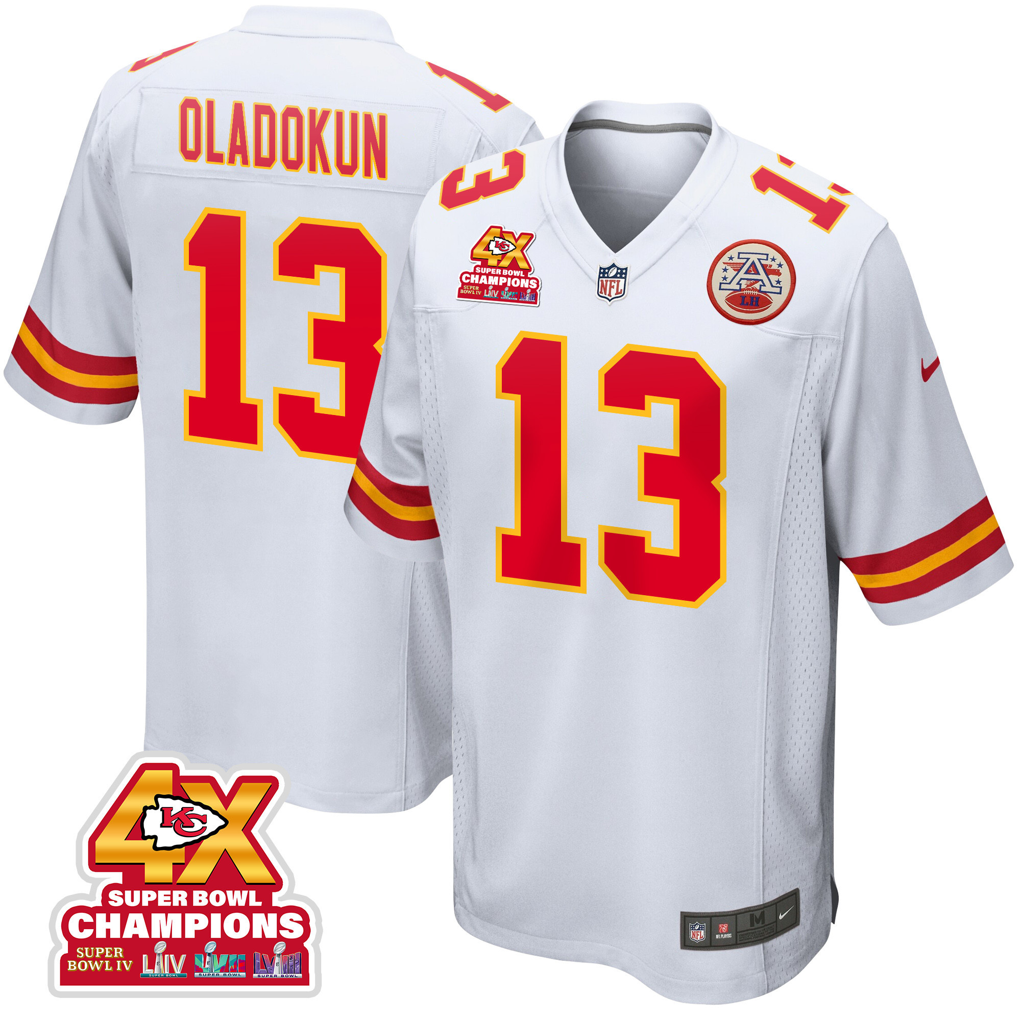 Chris Oladokun 13 Kansas City Chiefs Super Bowl LVIII Champions 4X Game Men Jersey - White - JSDV473