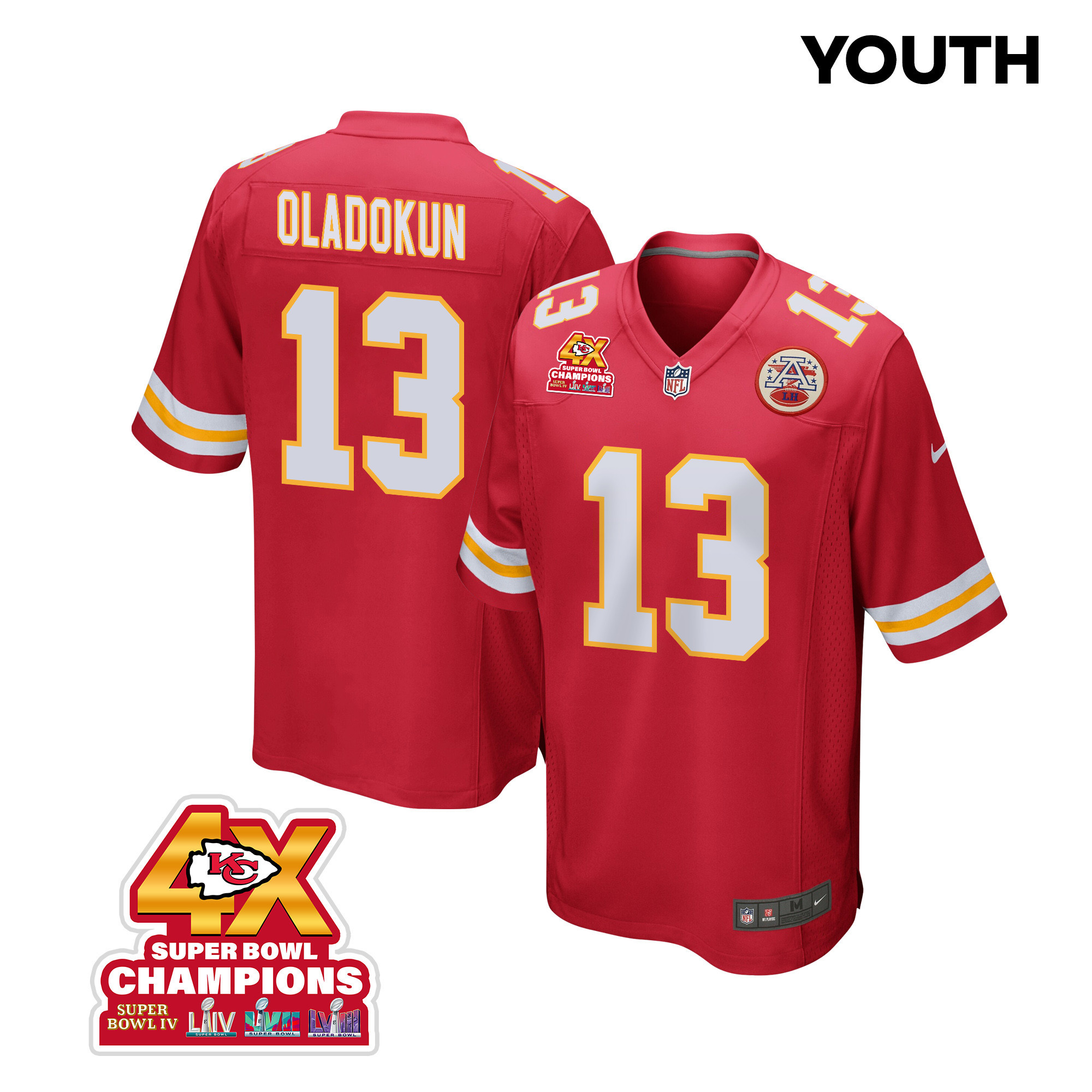 Chris Oladokun 13 Kansas City Chiefs Super Bowl LVIII Champions 4X Game YOUTH Jersey - Red - JSDV696