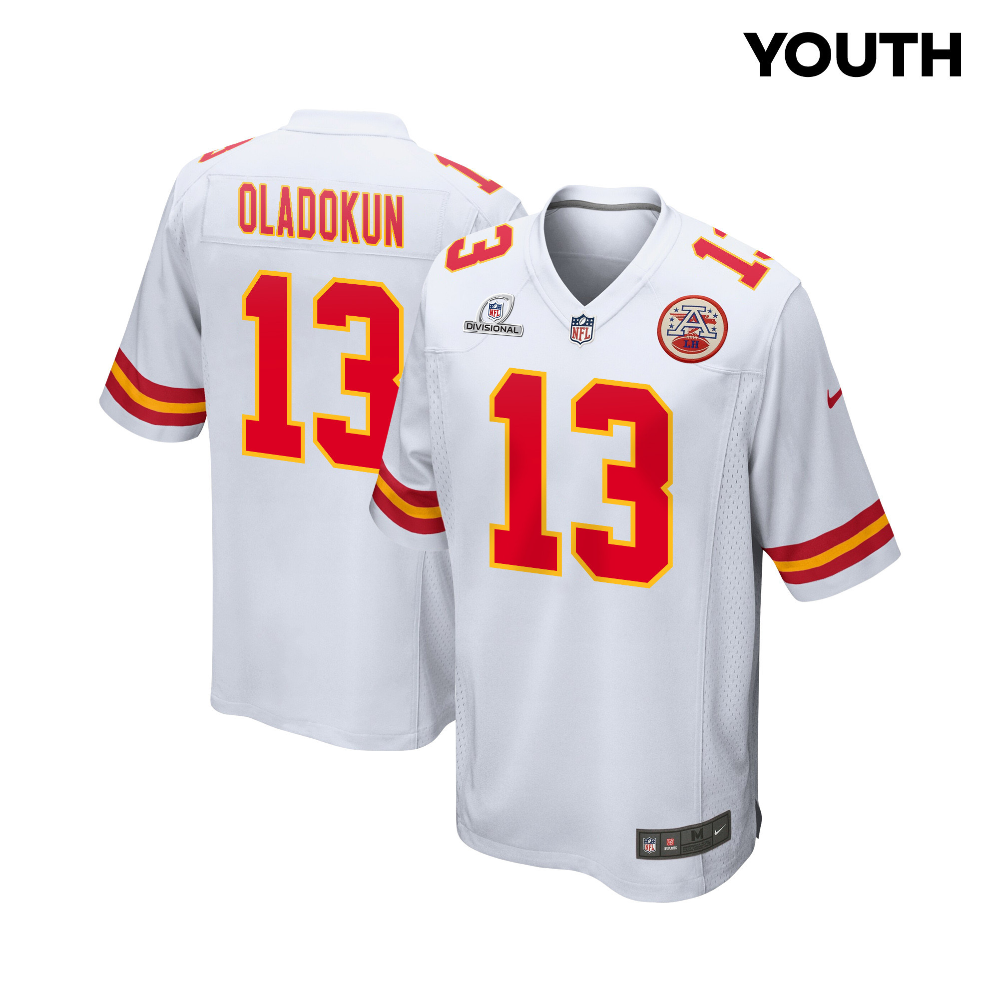Chris Oladokun 13 Kansas City Chiefs Super Bowl LVIII Patch Game YOUTH Jersey - White - JSDV620