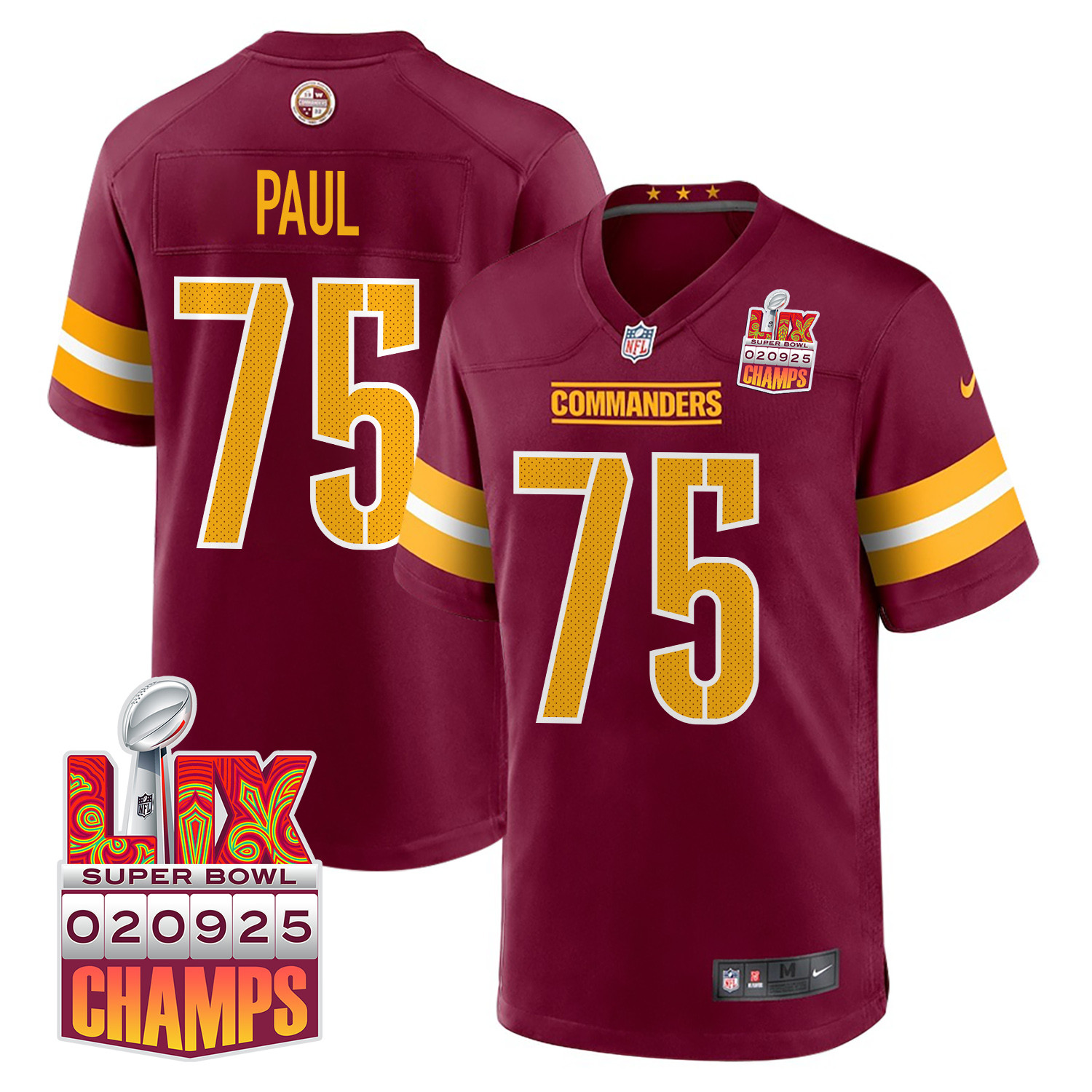 Chris Paul 75 Washington Commanders Super Bowl LIX Champions Patch Game Men Jersey - Burgundy - JS236