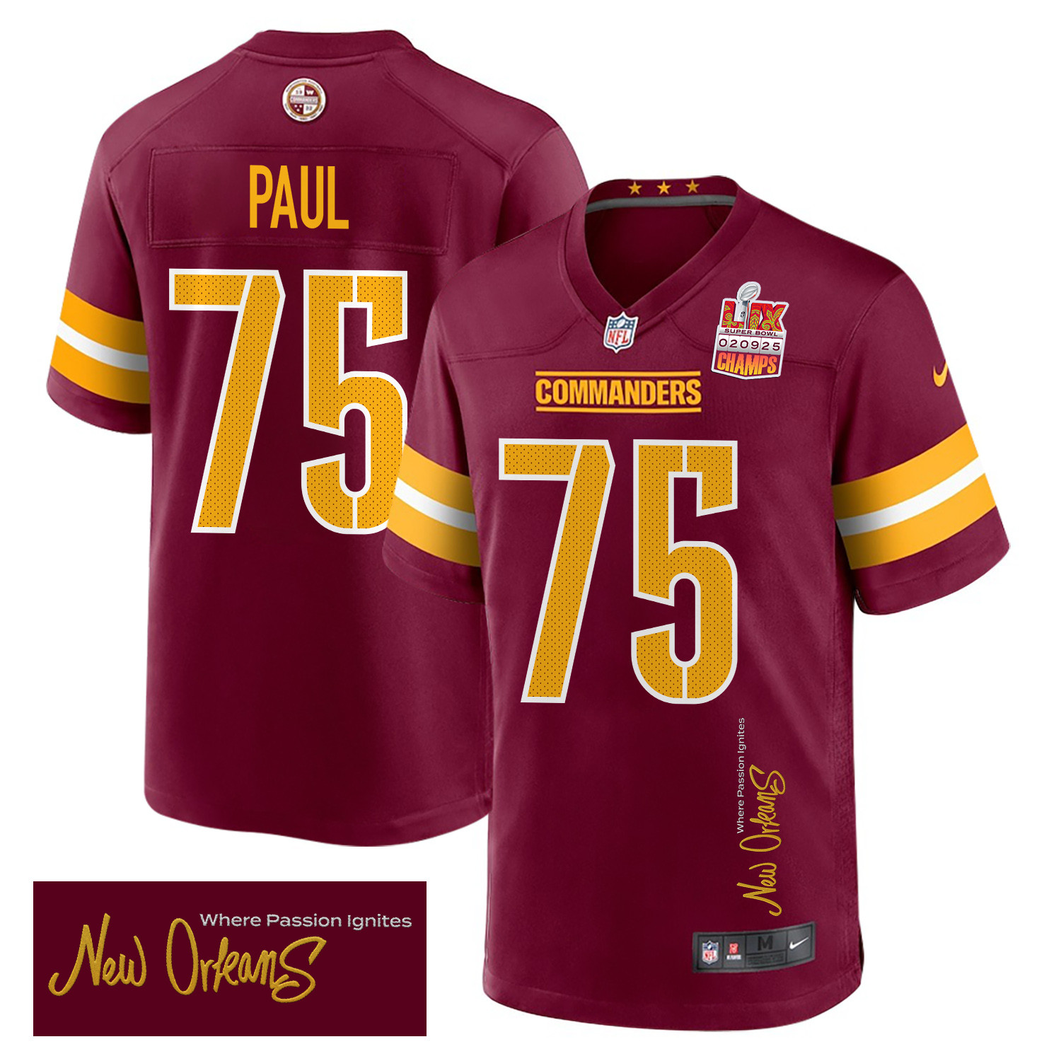 Chris Paul 75 Washington Commanders Super Bowl LIX Champions Patch 'New Orleans - Where Passion Ignites' EMBROIDERED Game Men Jersey - Burgundy - JS214