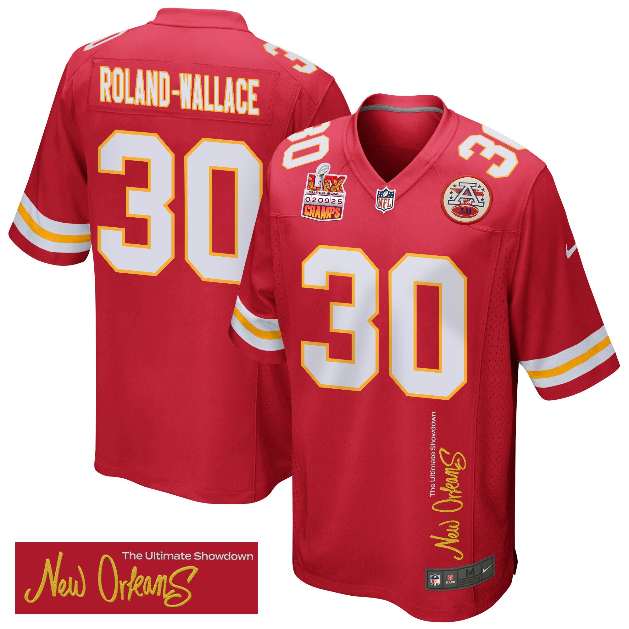 Chris Roland-Wallace 30 Kansas City Chiefs Super Bowl LIX Champions Patch 'New Orleans - The Ultimate Showdown' EMBROIDERED Game Men Jersey - Red - JS468