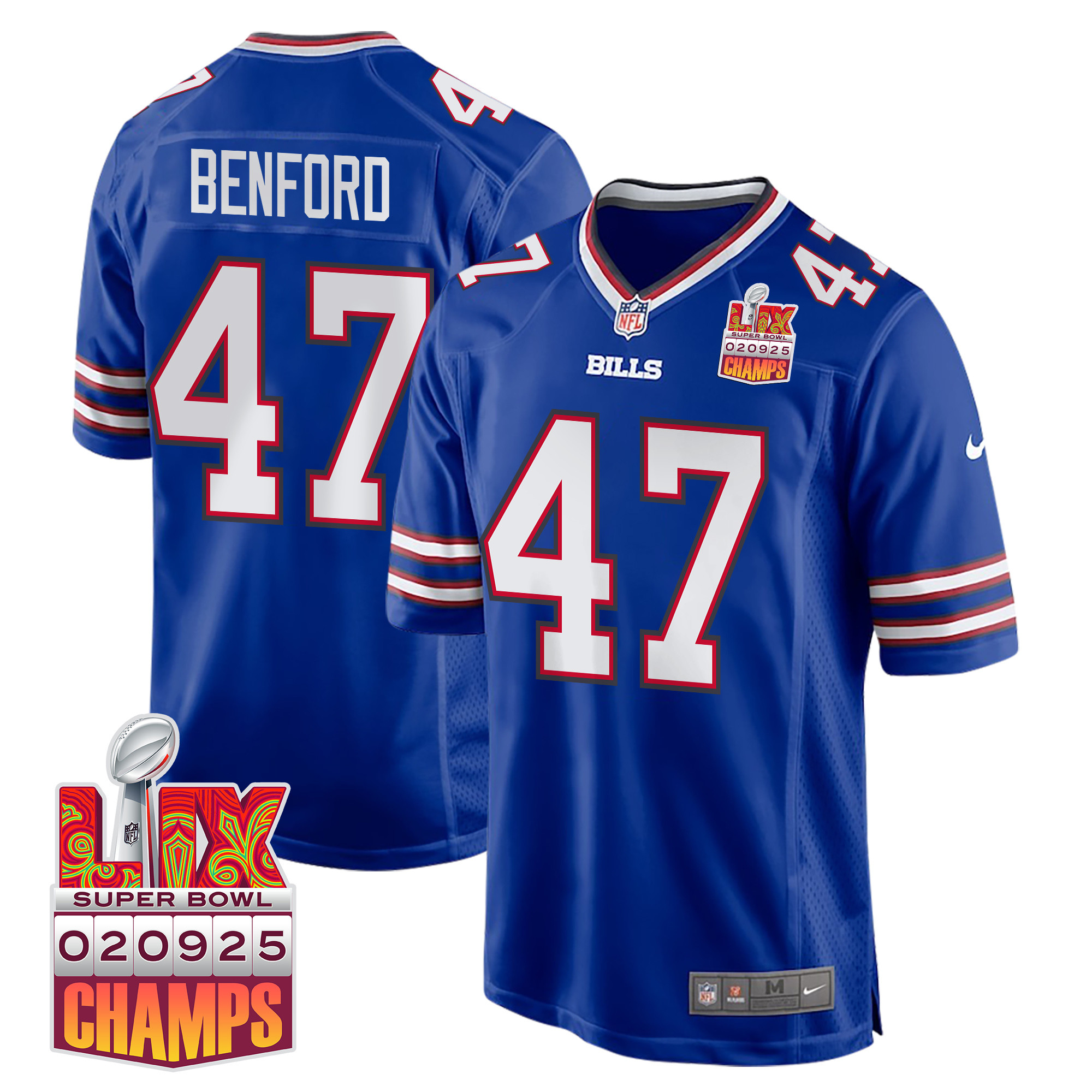 Christian Benford 47 Buffalo Bills Super Bowl LIX Champions Patch Game Men Jersey - Royal - JS787