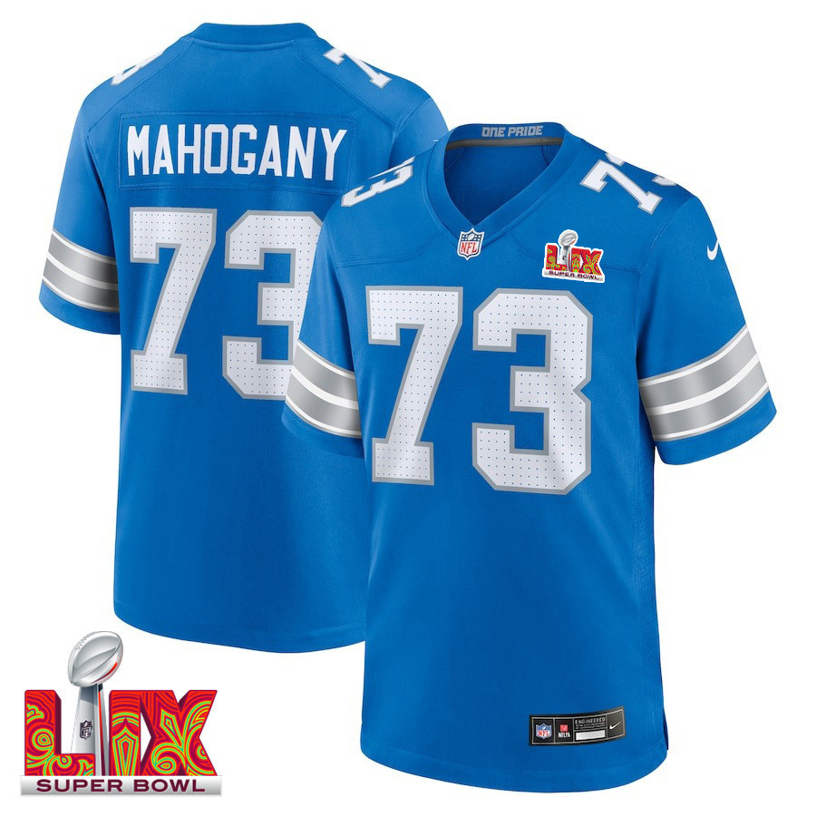 Christian Mahogany #73 Detroit Lions Super Bowl LIX Jersey - Men's - Blue - JS279