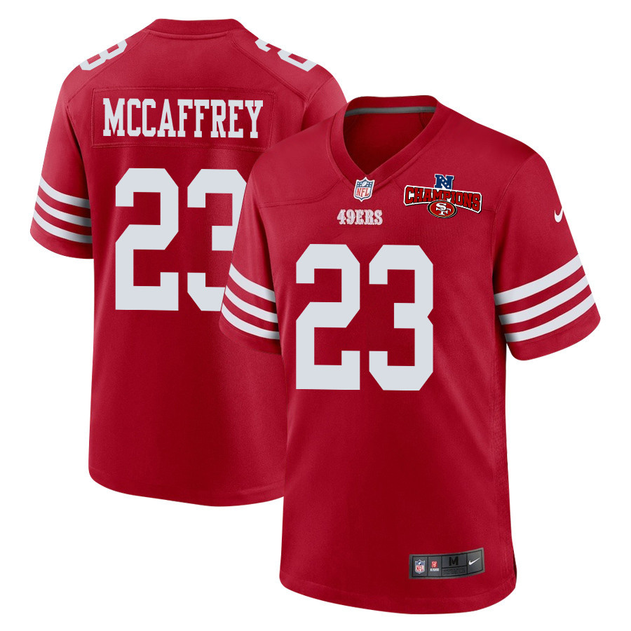 Christian McCaffrey 23 San Francisco 49ers NFC Champions Patch Game Men Jersey - Scarlet - JSDV344