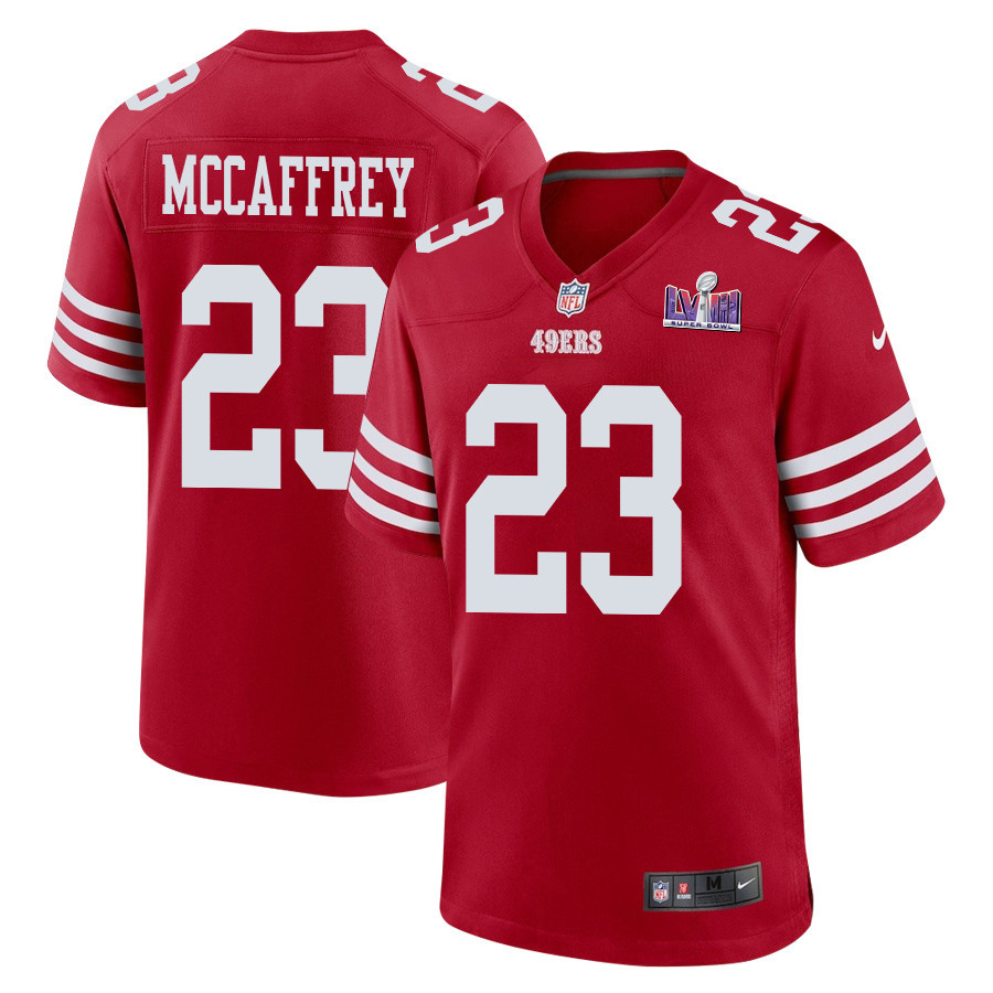 Christian McCaffrey 23 San Francisco 49ers Super Bowl LVIII Patch Game Men Jersey - Scarlet - JSDV385